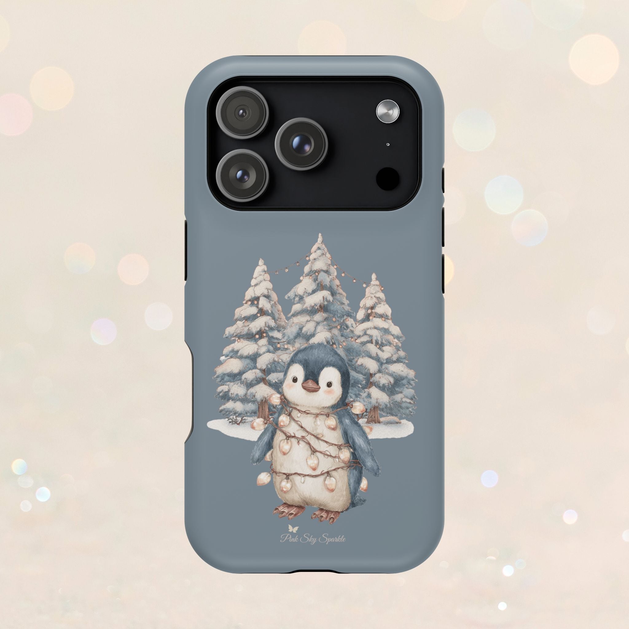 Coque magnétique pour iPhone Pingouin avec guirlande lumineuse de Noël