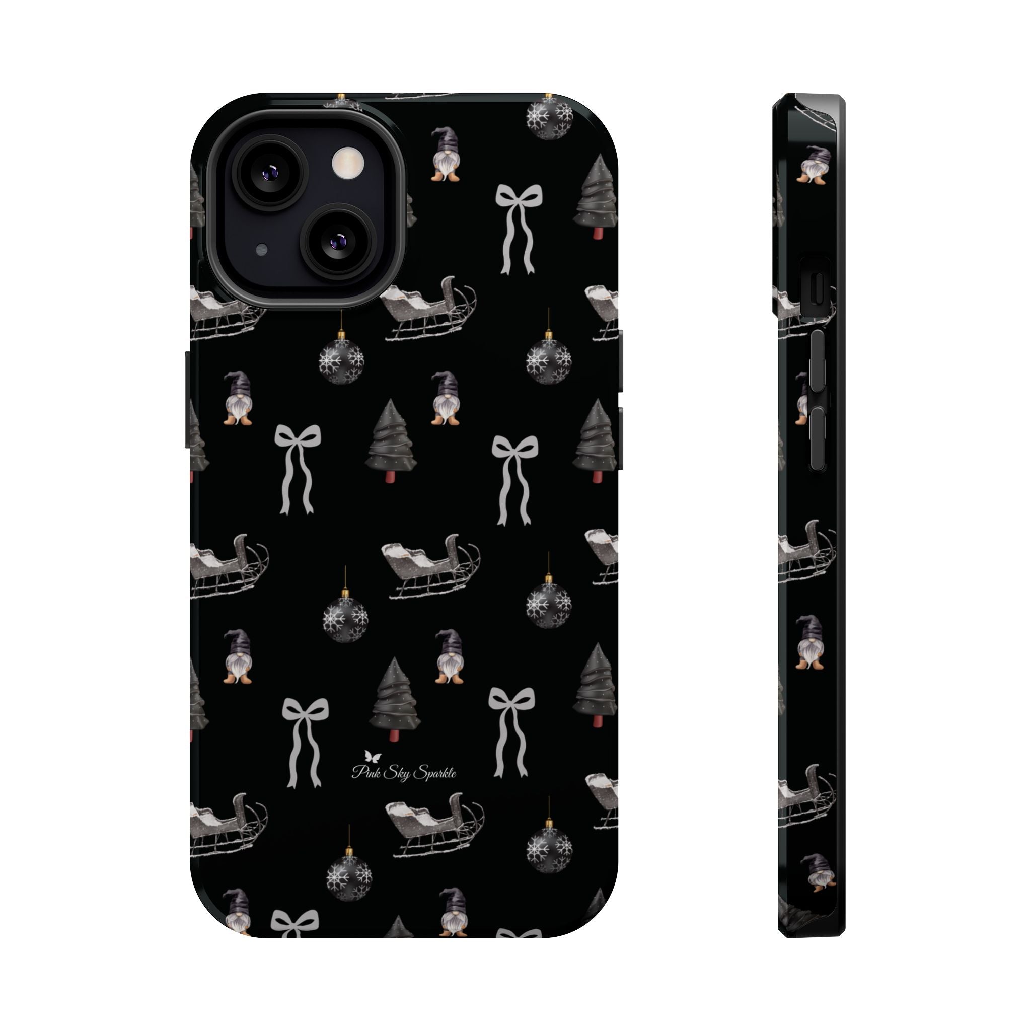 Phone case with Christmas-themed design on a black background