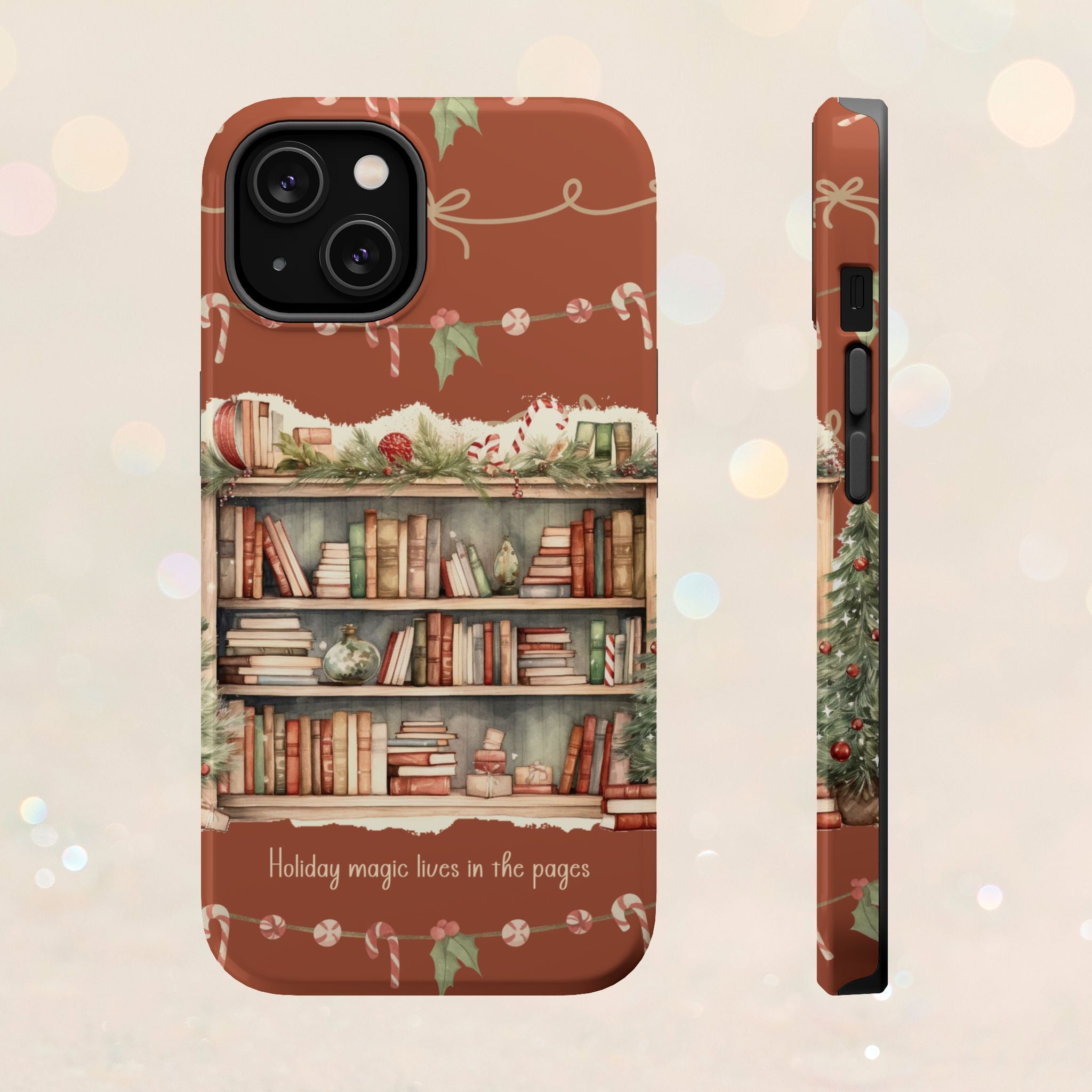 Étui magnétique pour iPhone « Bibliothèque de Noël » – « La magie des fêtes se vit dans les pages »