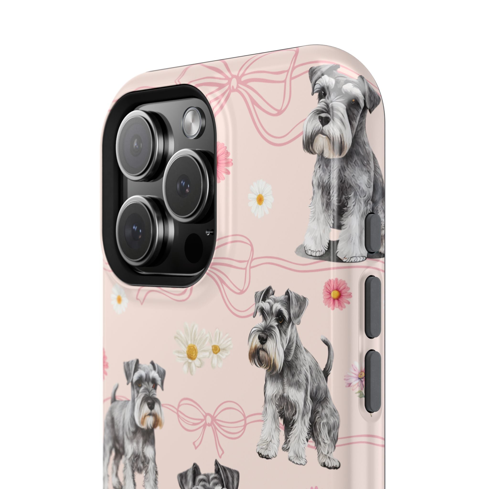 Daisy Dog Magnetic iPhone Case featuring Schnauzer and pink floral pattern.