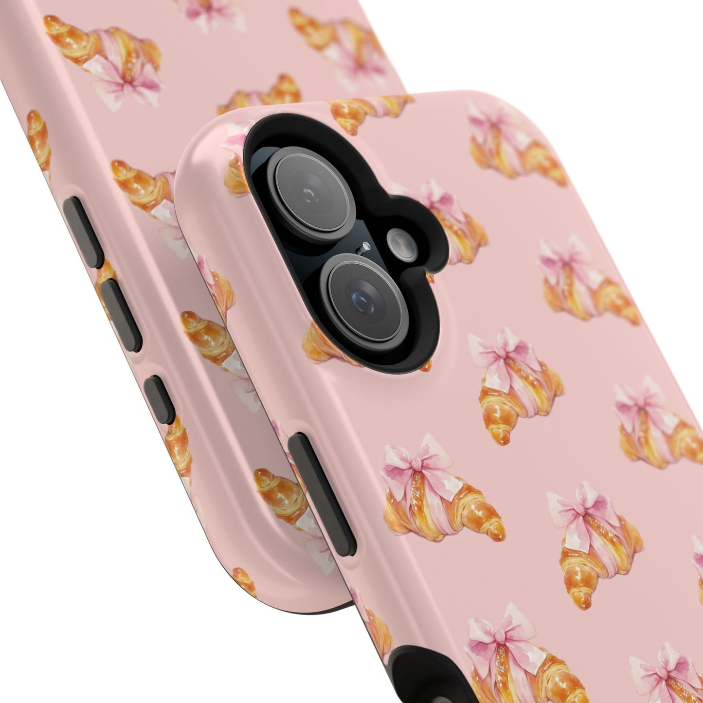 Sweet & Flaky Magnetic iPhone Case – Pink Croissant Pattern with Bows