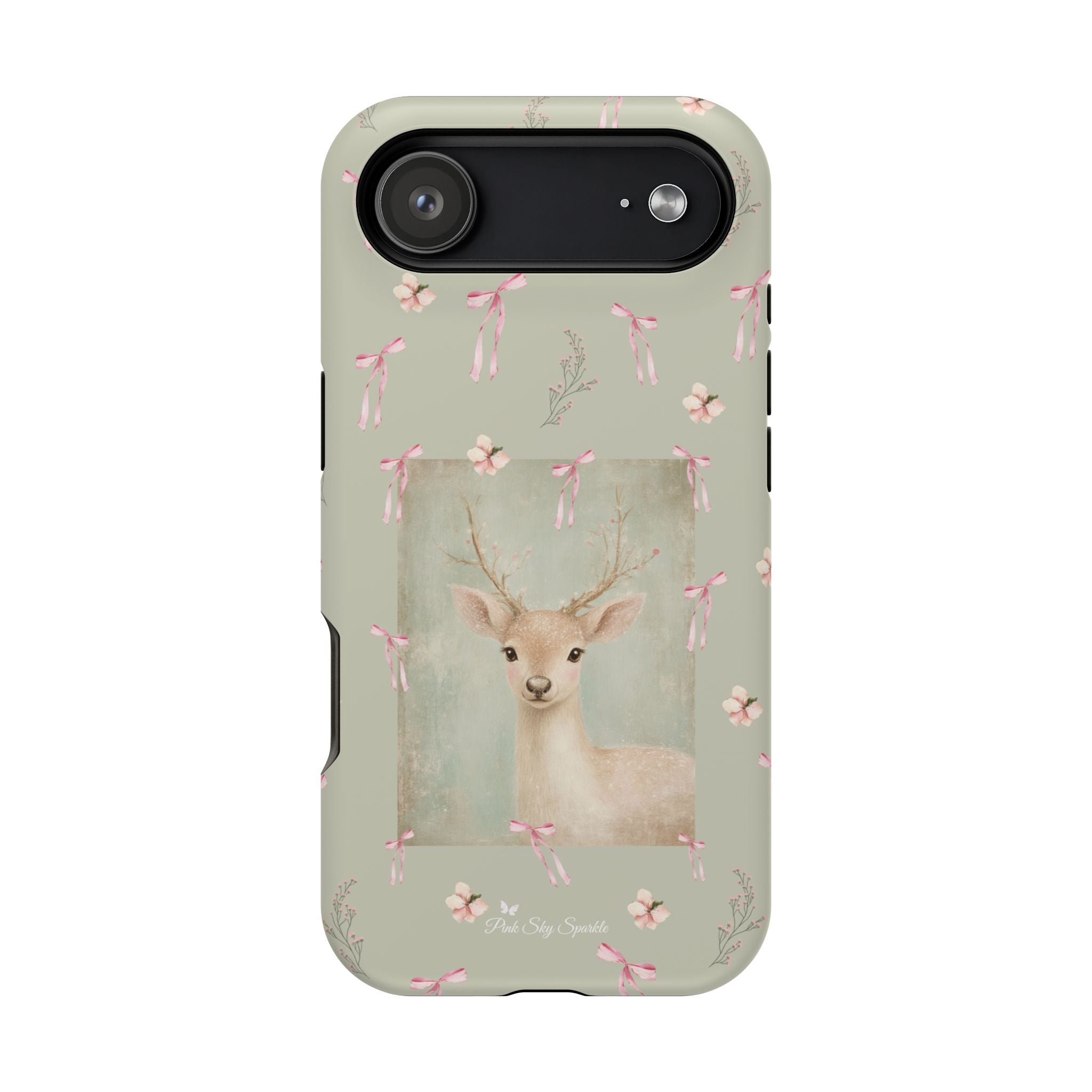 Pastel green magnetic iPhone case with pink bows and a framed woodland fawn painting in the center, cute cottagecore MagSafe-friendly phone case design by Pink Sky Sparkle.