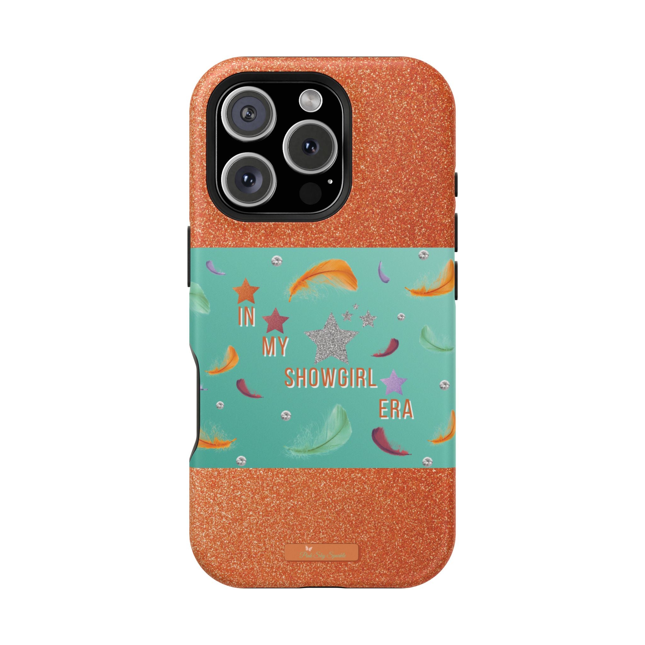 Taylor Swift Themed Phone Case with faux orange glitter and teal/mint green section the middle with feathers and diamonds and the word In my Showgirl Era.