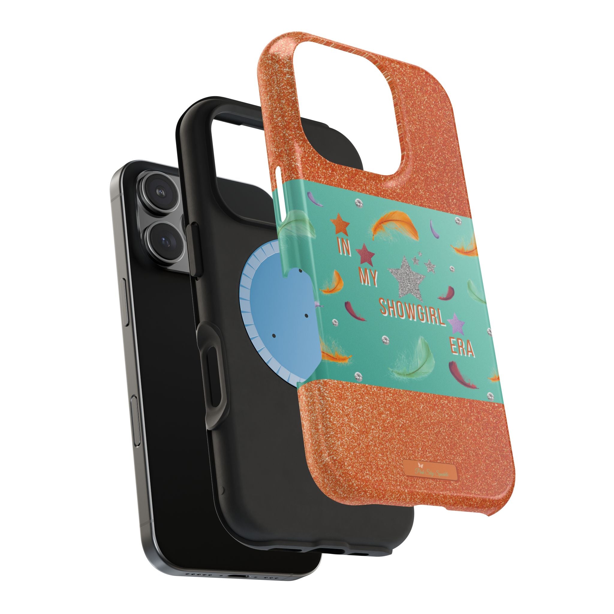 Taylor Swift Themed Phone Case with faux orange glitter and teal/mint green section the middle with feathers and diamonds and the word In my Showgirl Era.