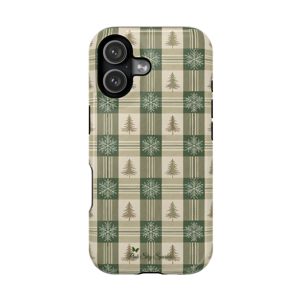 Winter Forest Magnetic iPhone Case – Green Plaid Snowflake Pattern