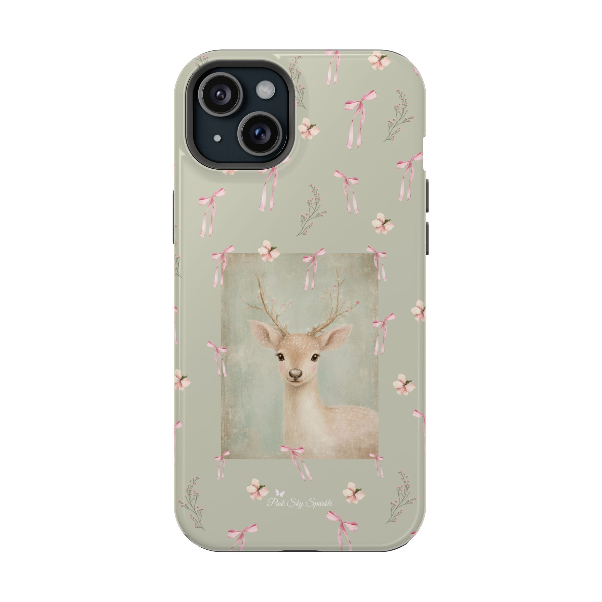 Pastel green magnetic iPhone case with pink bows and a framed woodland fawn painting in the center, cute cottagecore MagSafe-friendly phone case design by Pink Sky Sparkle.