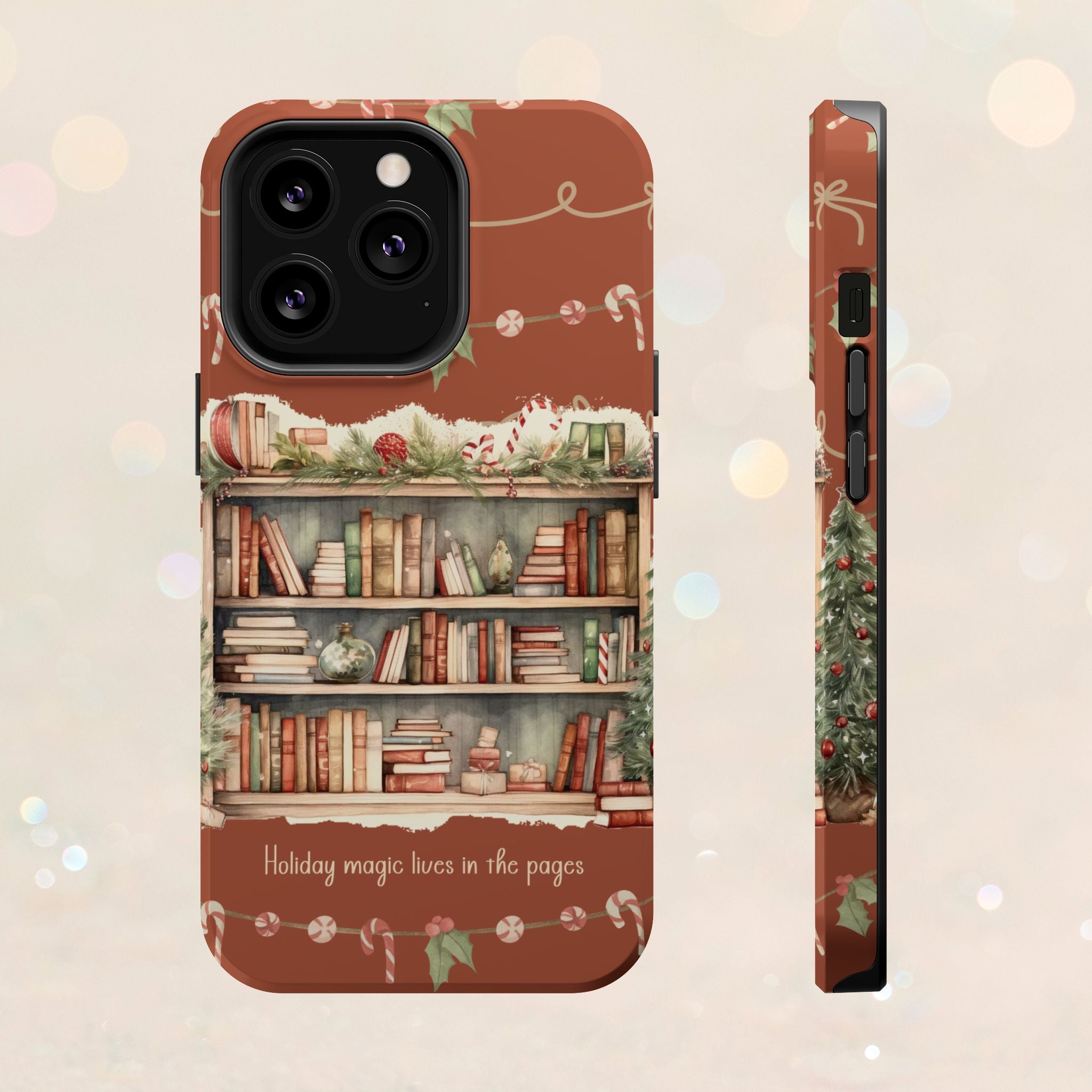 Étui magnétique pour iPhone « Bibliothèque de Noël » – « La magie des fêtes se vit dans les pages »
