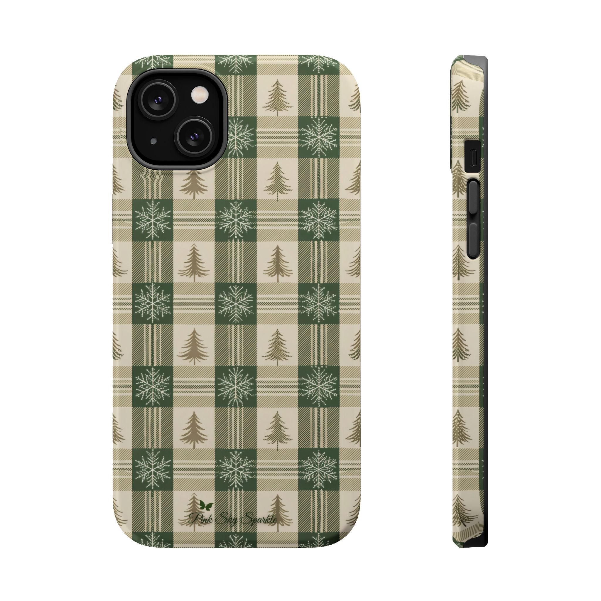 Winter Forest Magnetic iPhone Case – Green Plaid Snowflake Pattern