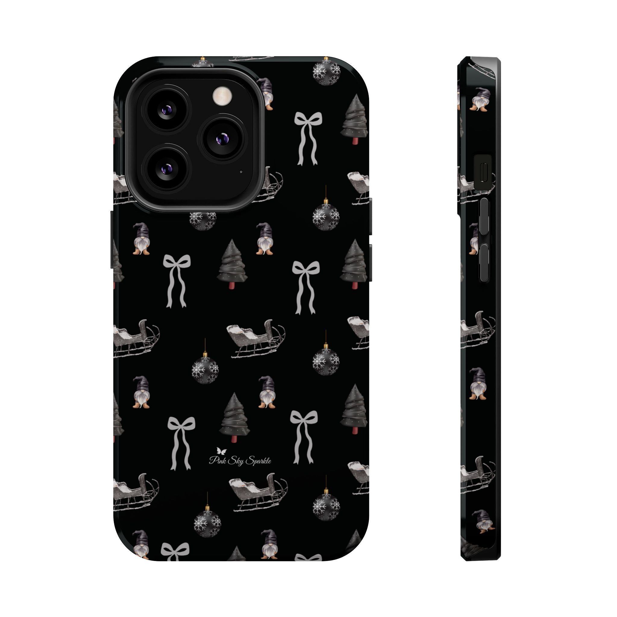 Sleek black iPhone case with silver Christmas sleigh, bows, and ornaments pattern