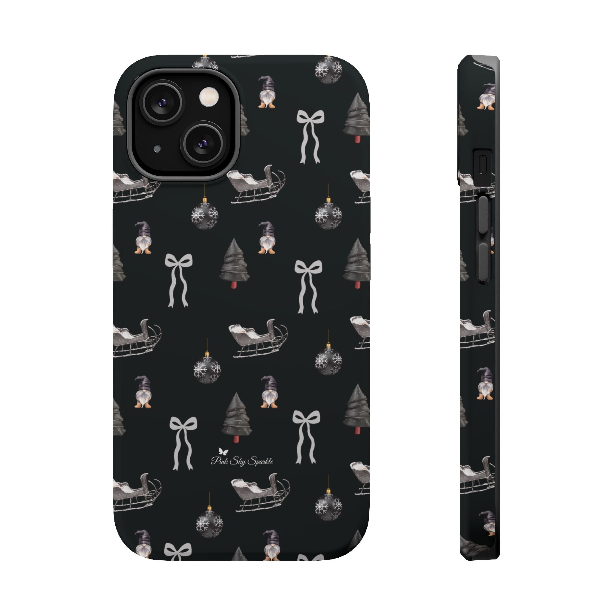 Phone case with Christmas-themed design on a black background