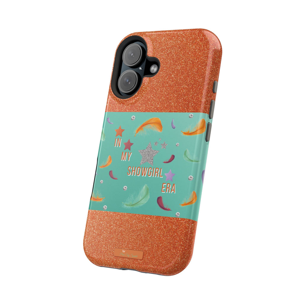 Taylor Swift Themed Phone Case with faux orange glitter and teal/mint green section the middle with feathers and diamonds and the word In my Showgirl Era.