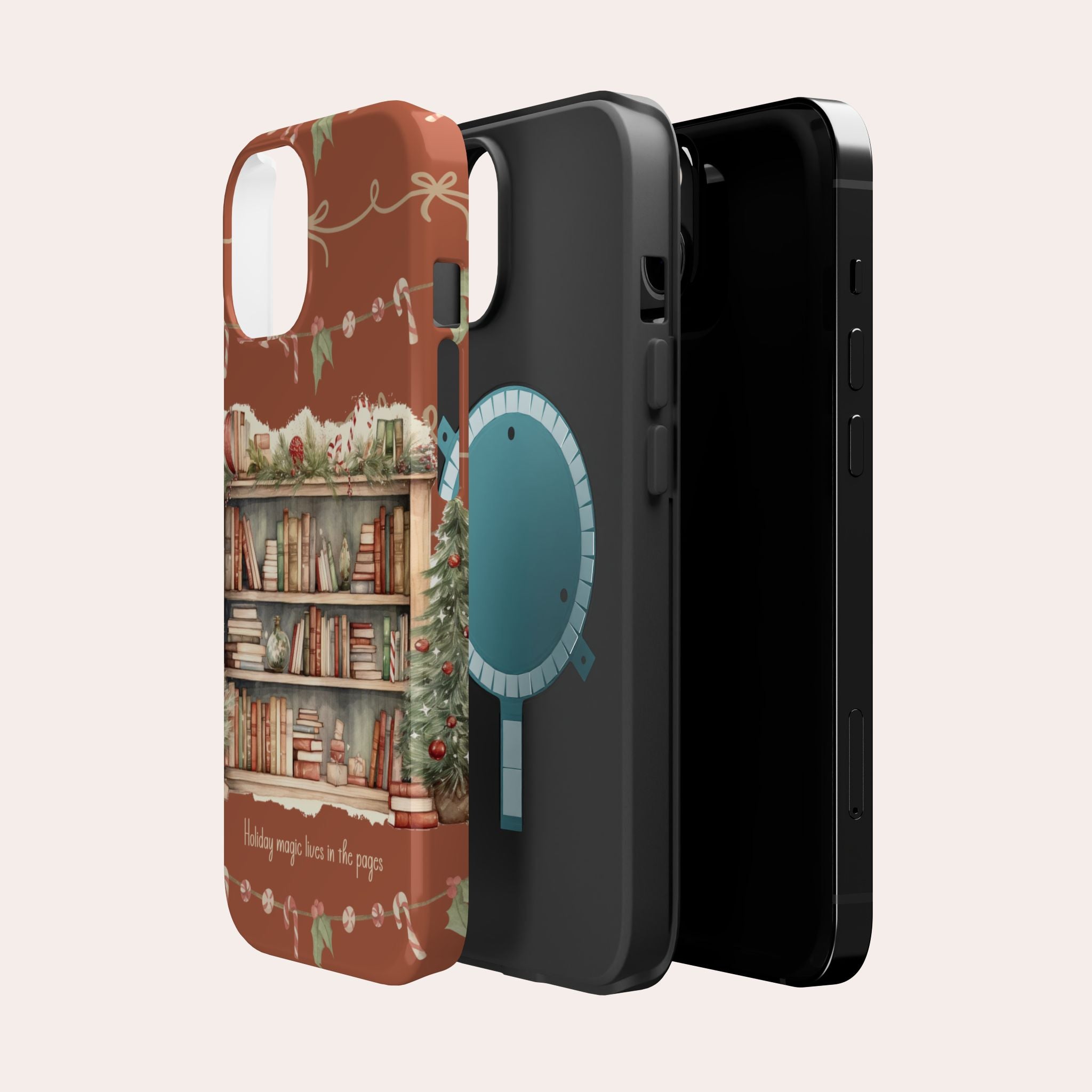 Étui magnétique pour iPhone « Bibliothèque de Noël » – « La magie des fêtes se vit dans les pages »