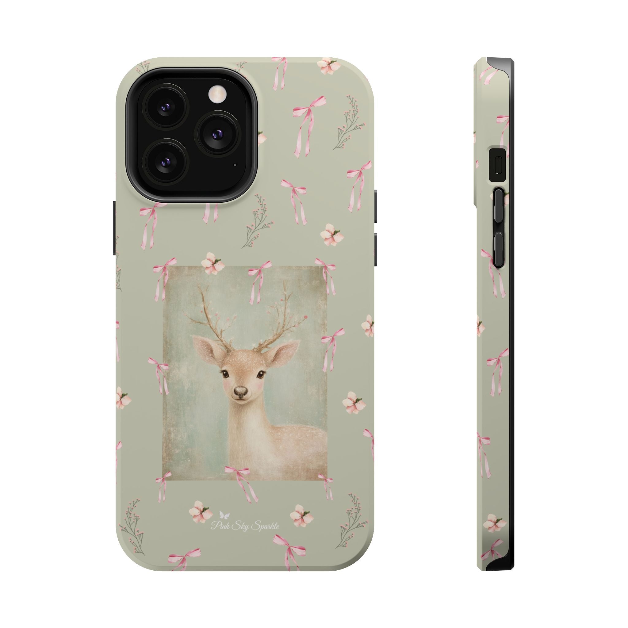 Pastel green magnetic iPhone case with pink bows and a framed woodland fawn painting in the center, cute cottagecore MagSafe-friendly phone case design by Pink Sky Sparkle.