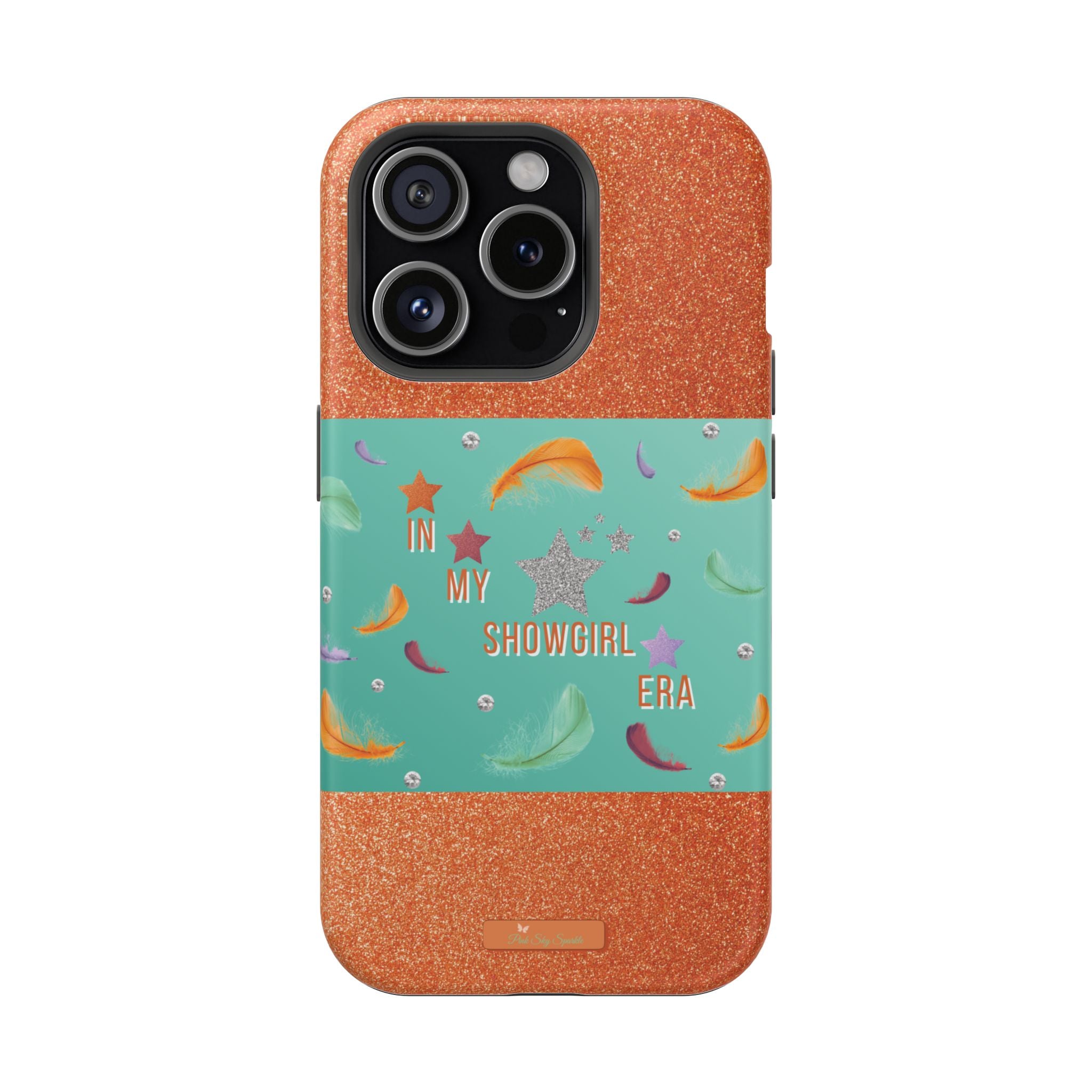Taylor Swift Themed Phone Case with faux orange glitter and teal/mint green section the middle with feathers and diamonds and the word In my Showgirl Era.