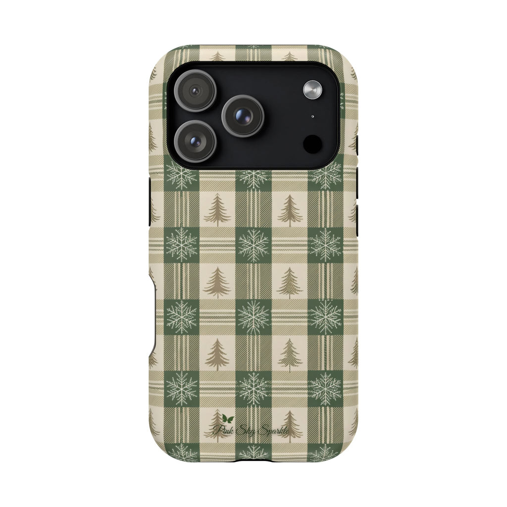 Winter Forest Magnetic iPhone Case – Green Plaid Snowflake Pattern