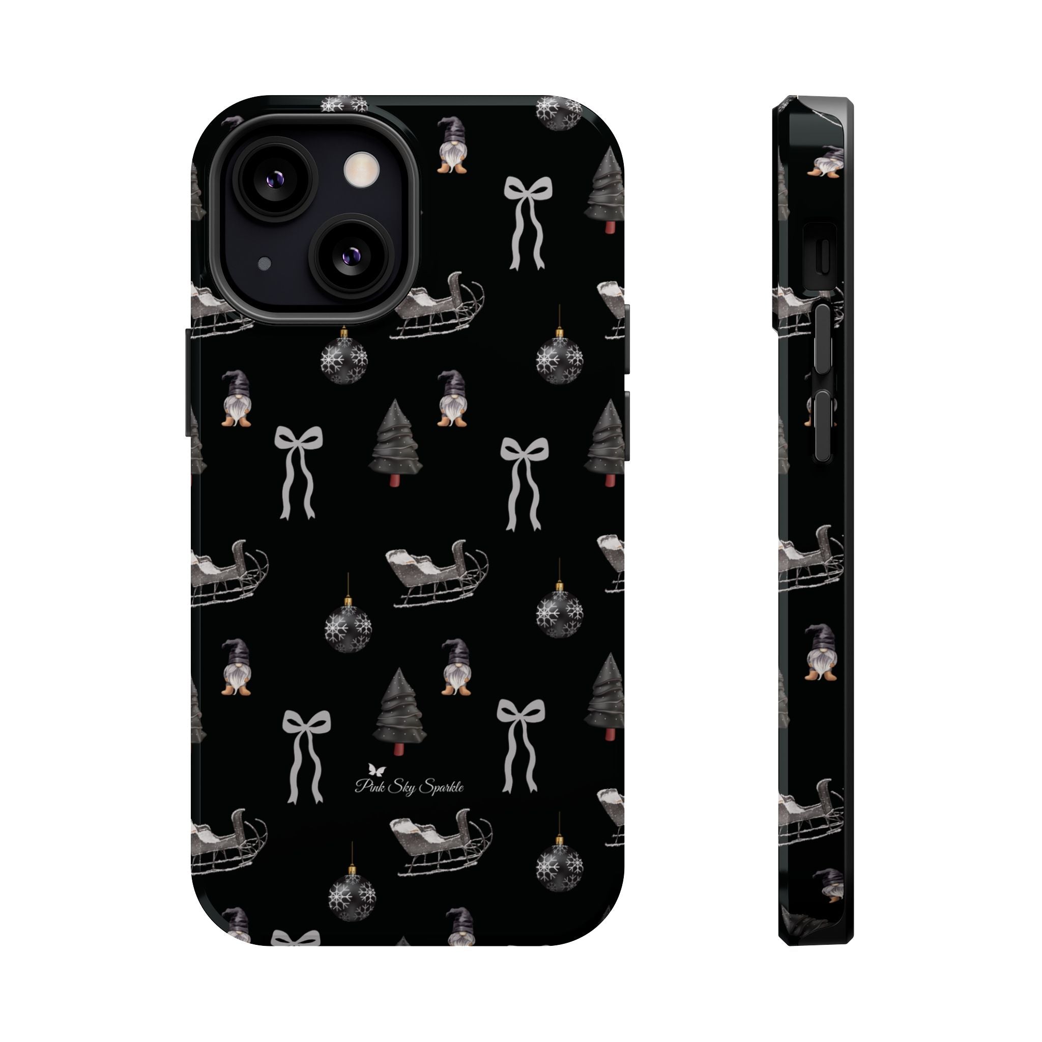 Phone case with Christmas-themed design on a black background