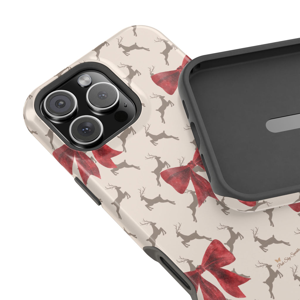Reindeer Ribbons Magnetic iPhone Case – Festive Red Bow & Reindeer Design