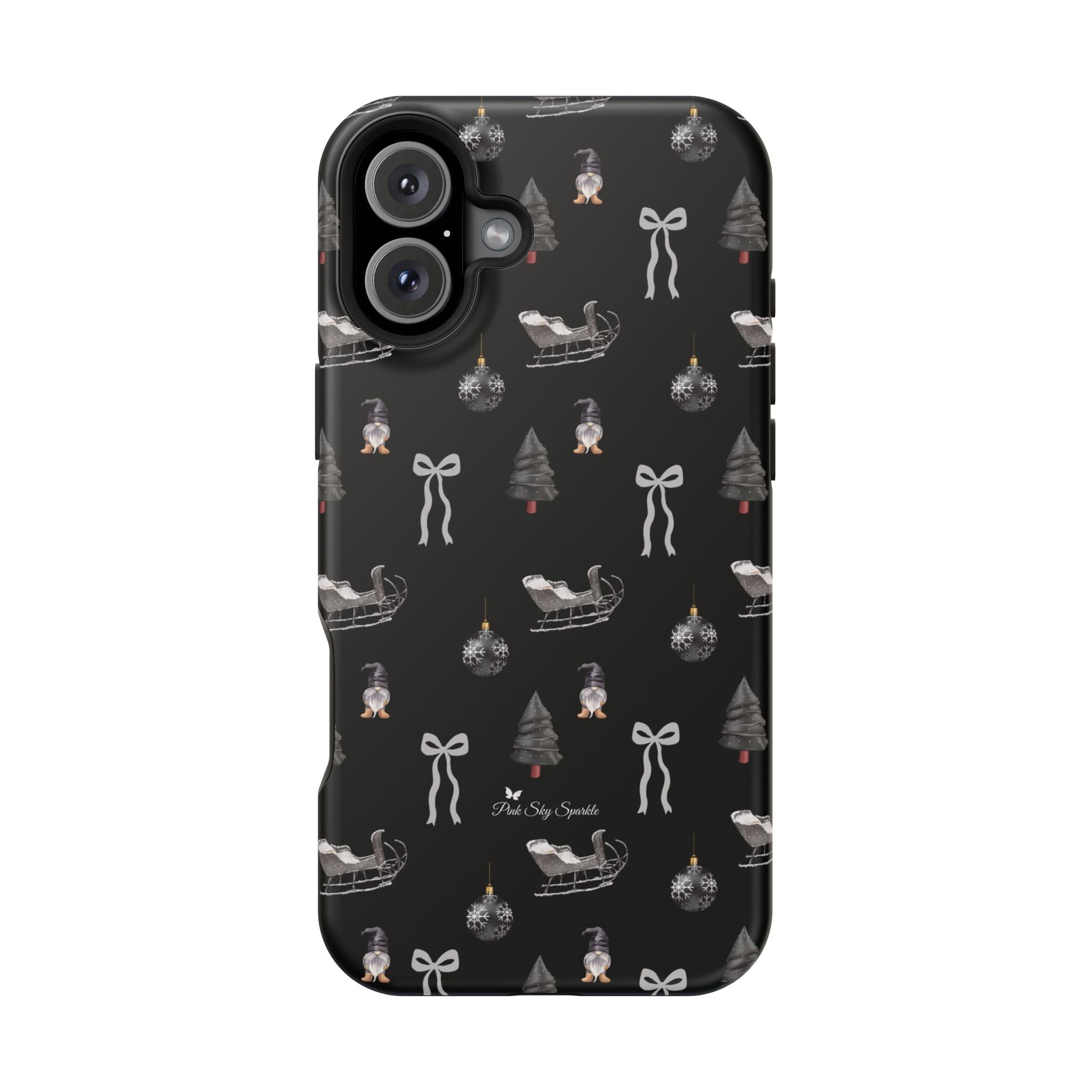 Holiday phone case in grey and black with festive sleigh and tree design