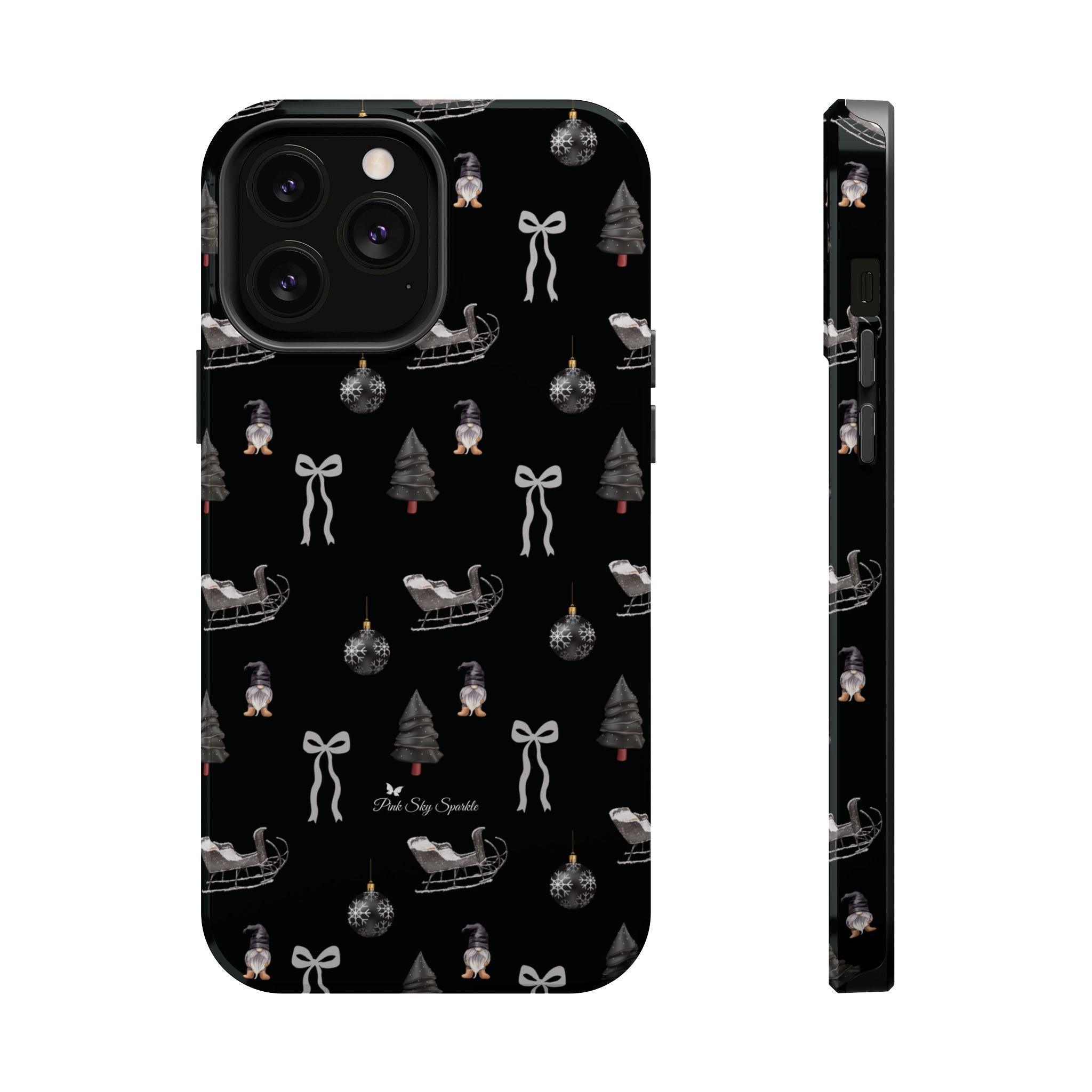 Sleek black iPhone case with silver Christmas sleigh, bows, and ornaments pattern