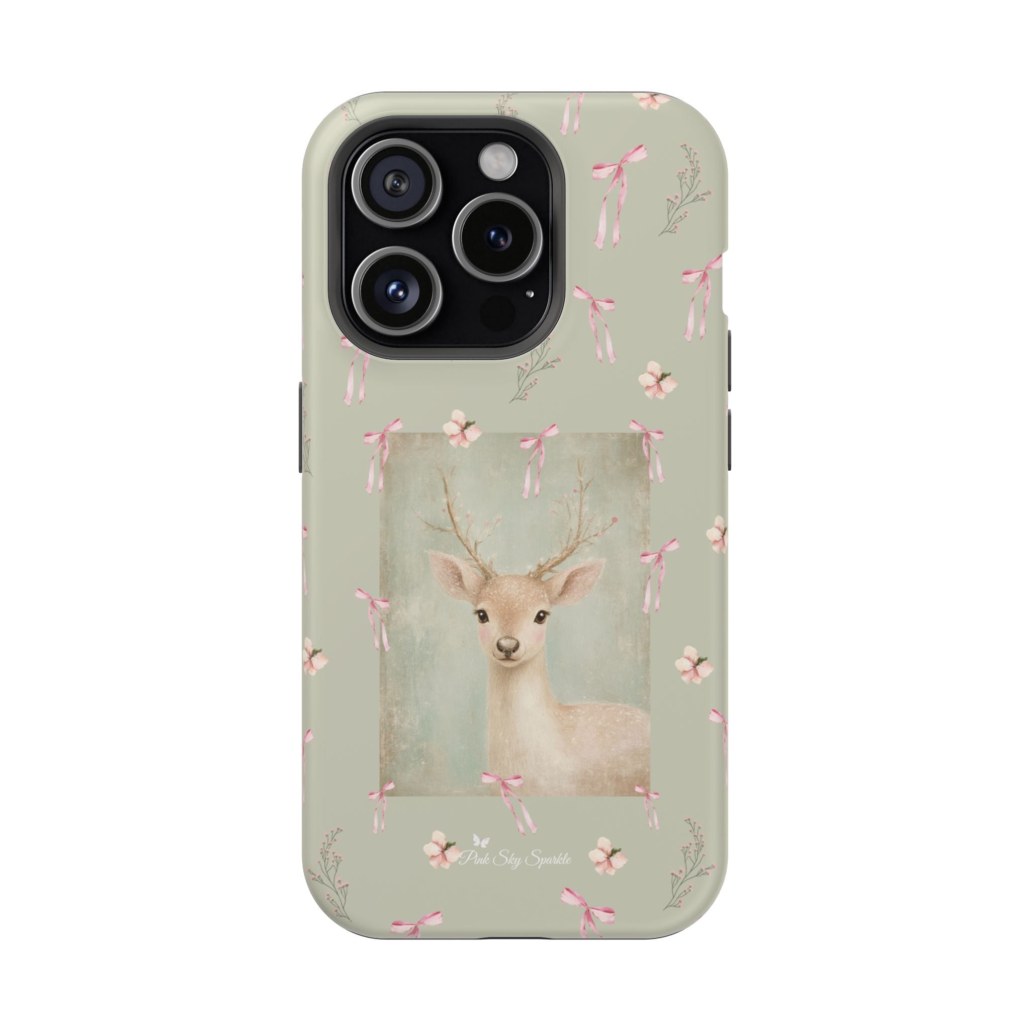 Pastel green magnetic iPhone case with pink bows and a framed woodland fawn painting in the center, cute cottagecore MagSafe-friendly phone case design by Pink Sky Sparkle.