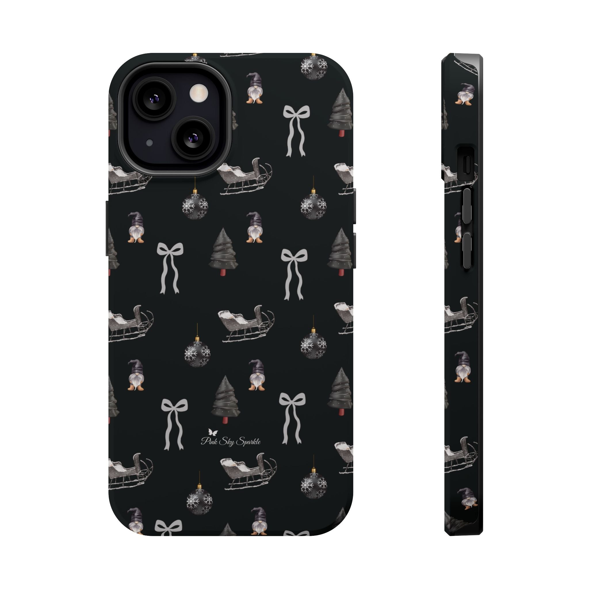 Phone case with Christmas-themed design on a black background