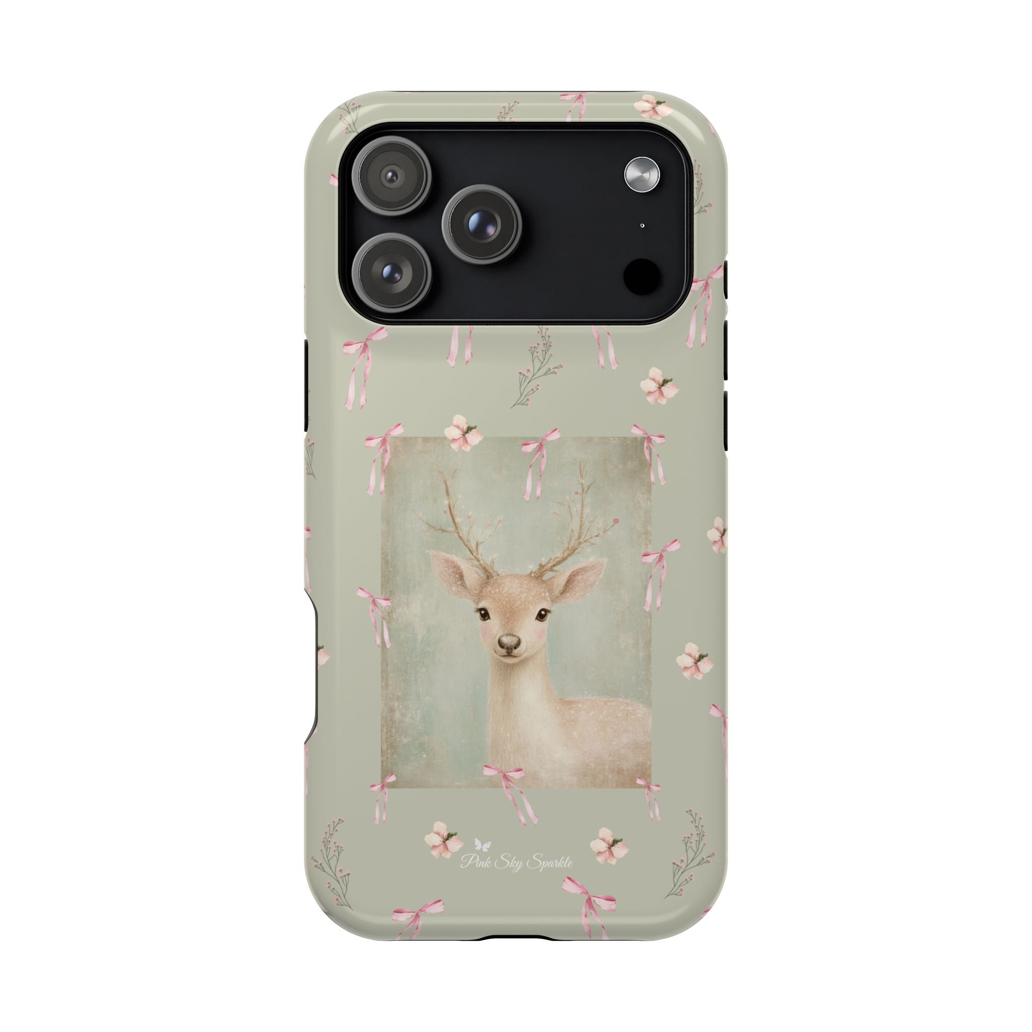 Pastel green magnetic iPhone case with pink bows and a framed woodland fawn painting in the center, cute cottagecore MagSafe-friendly phone case design by Pink Sky Sparkle.