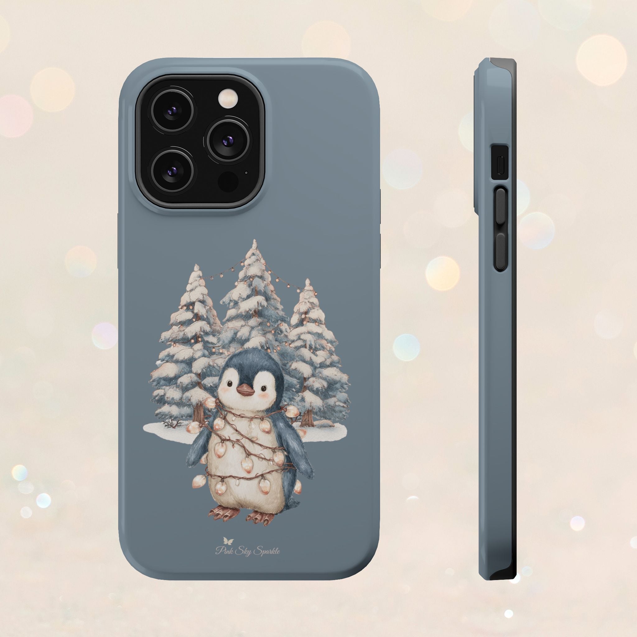 Coque magnétique pour iPhone Pingouin avec guirlande lumineuse de Noël
