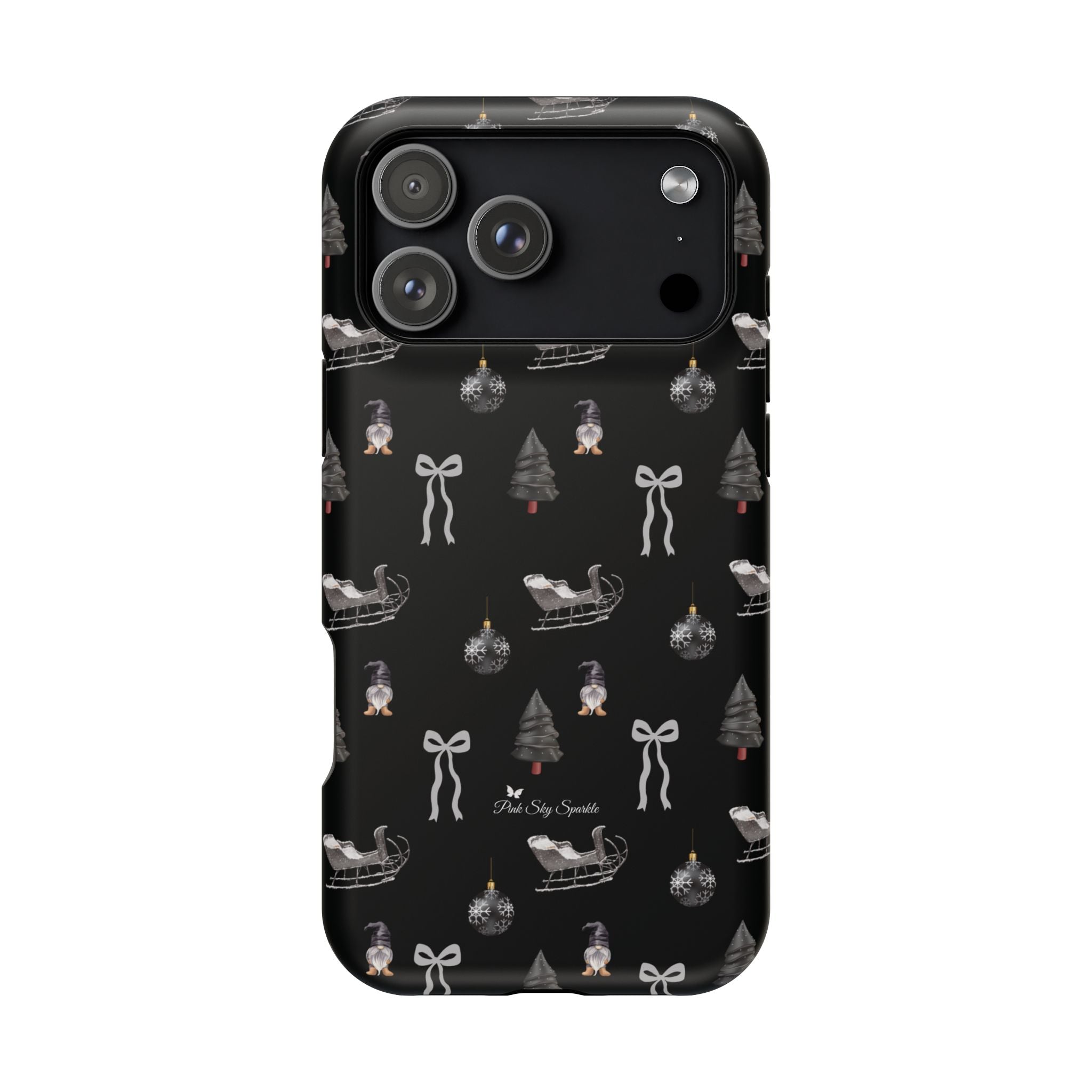 Elegant Christmas iPhone cover featuring silver bows, trees, and sleighs