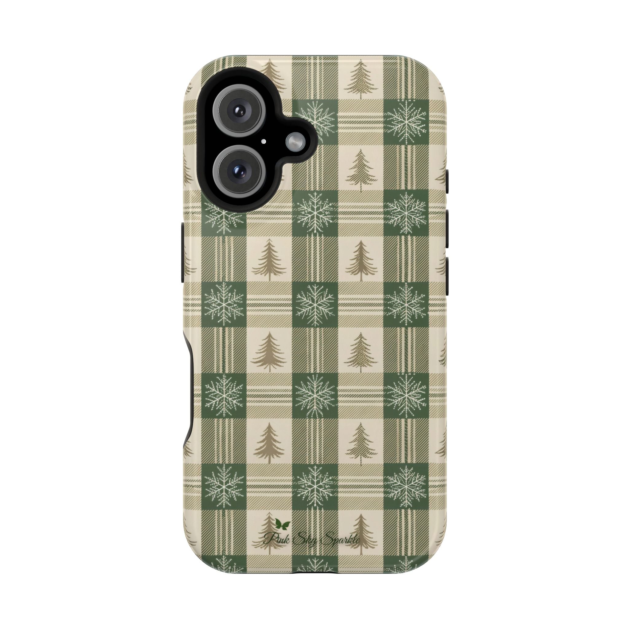 Winter Forest Magnetic iPhone Case – Green Plaid Snowflake Pattern