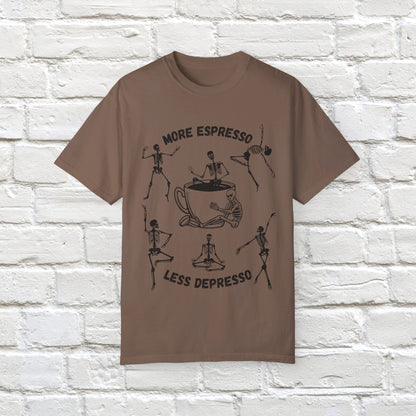 T-shirt squelette « Plus d'espresso, moins de depresso »