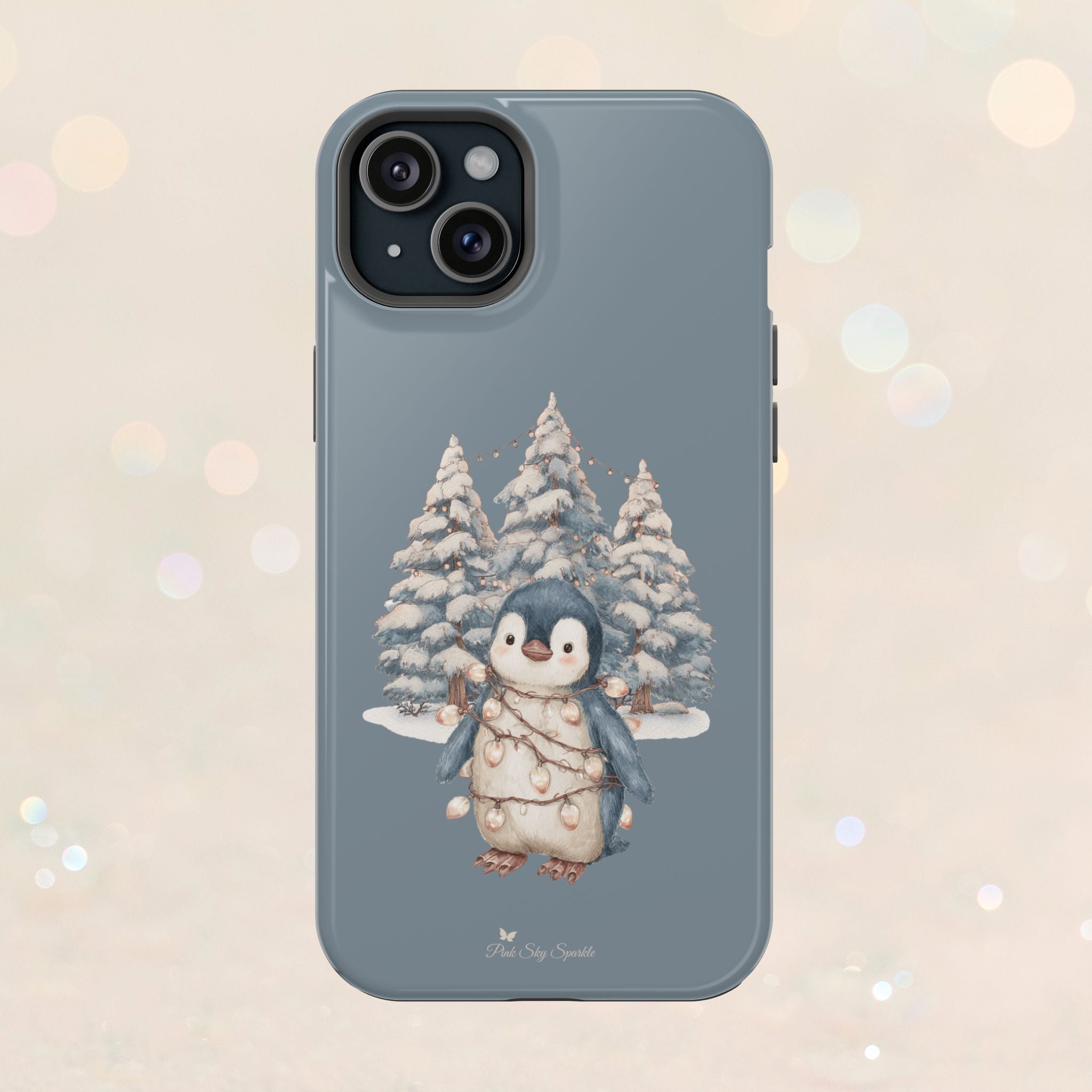 Coque magnétique pour iPhone Pingouin avec guirlande lumineuse de Noël