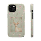 Pastel green magnetic iPhone case with pink bows and a framed woodland fawn painting in the center, cute cottagecore MagSafe-friendly phone case design by Pink Sky Sparkle.