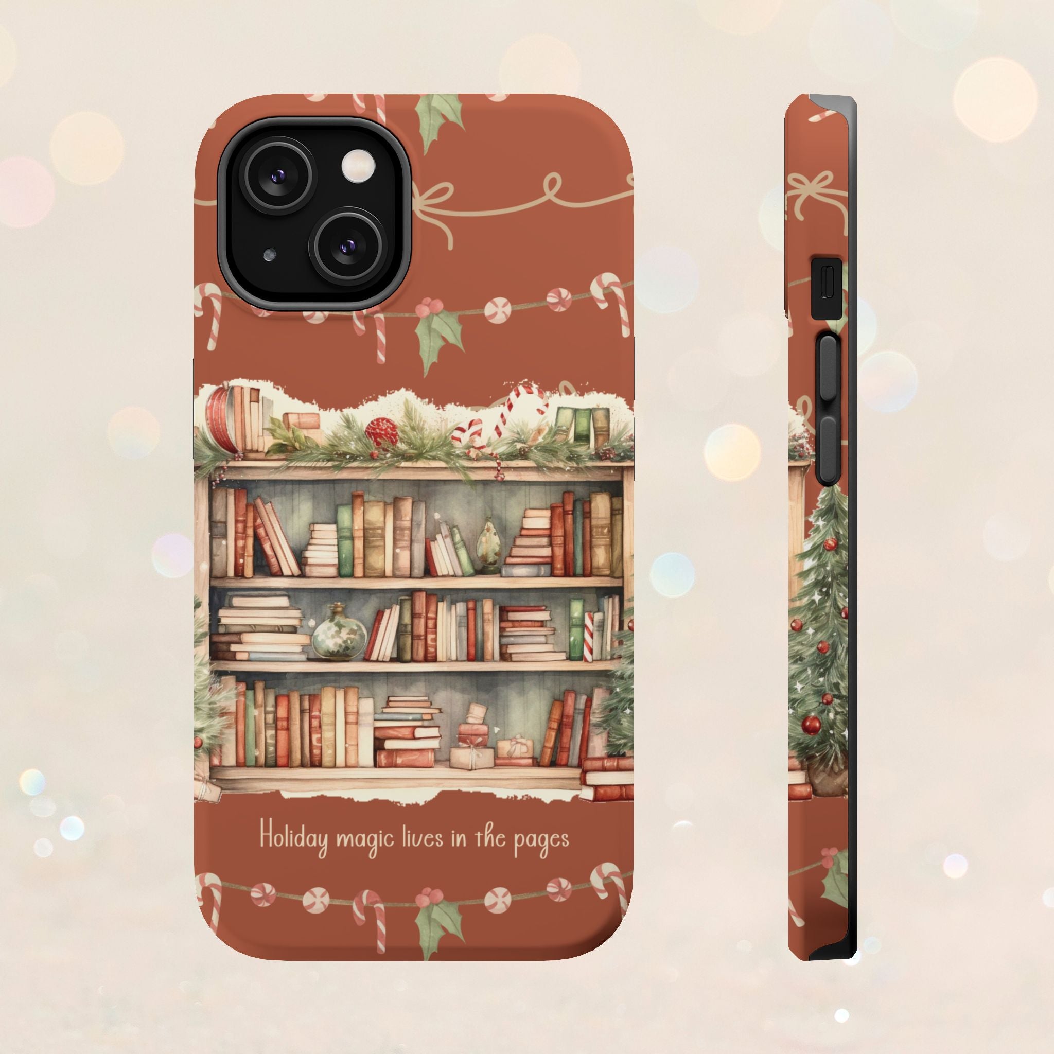 Étui magnétique pour iPhone « Bibliothèque de Noël » – « La magie des fêtes se vit dans les pages »