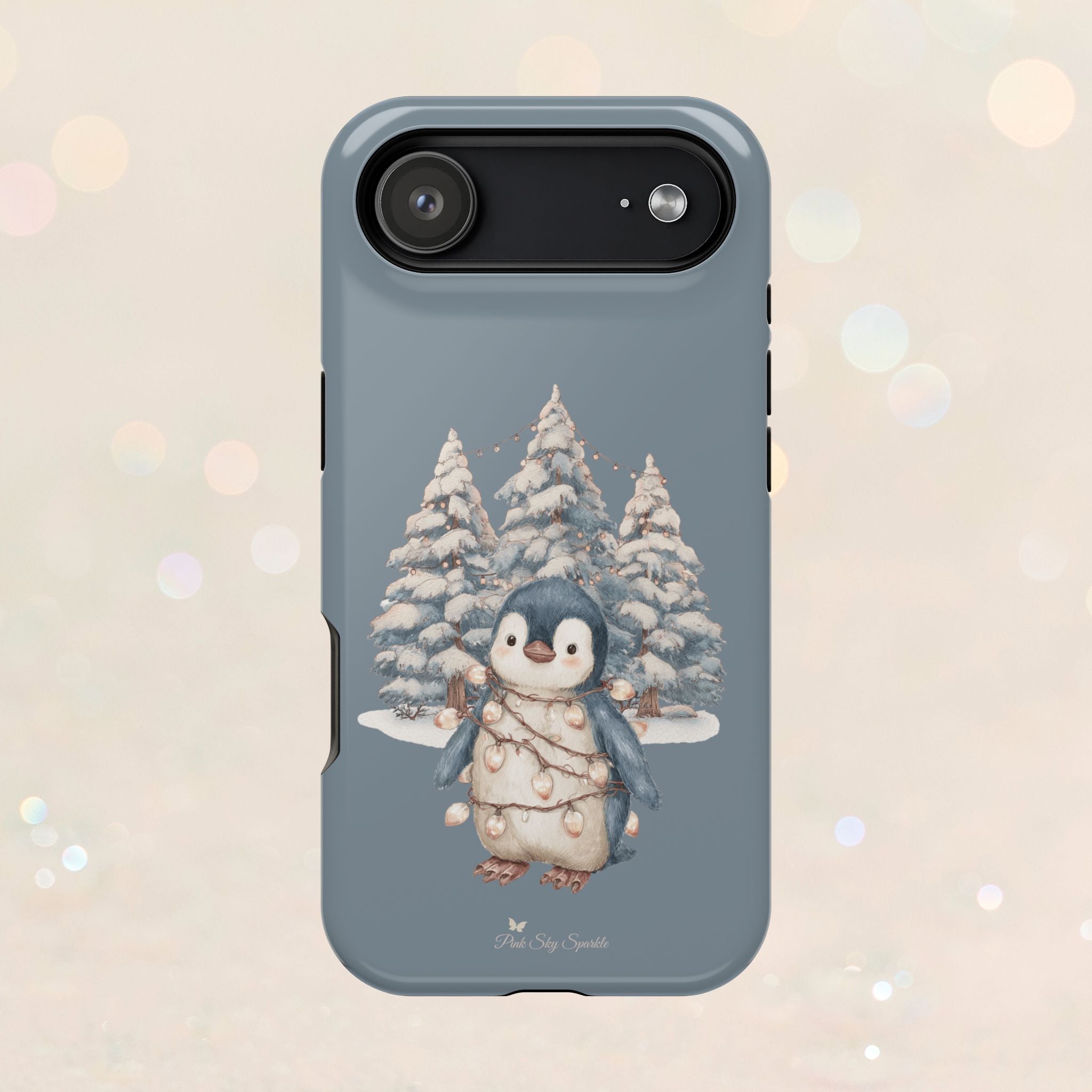 Coque magnétique pour iPhone Pingouin avec guirlande lumineuse de Noël