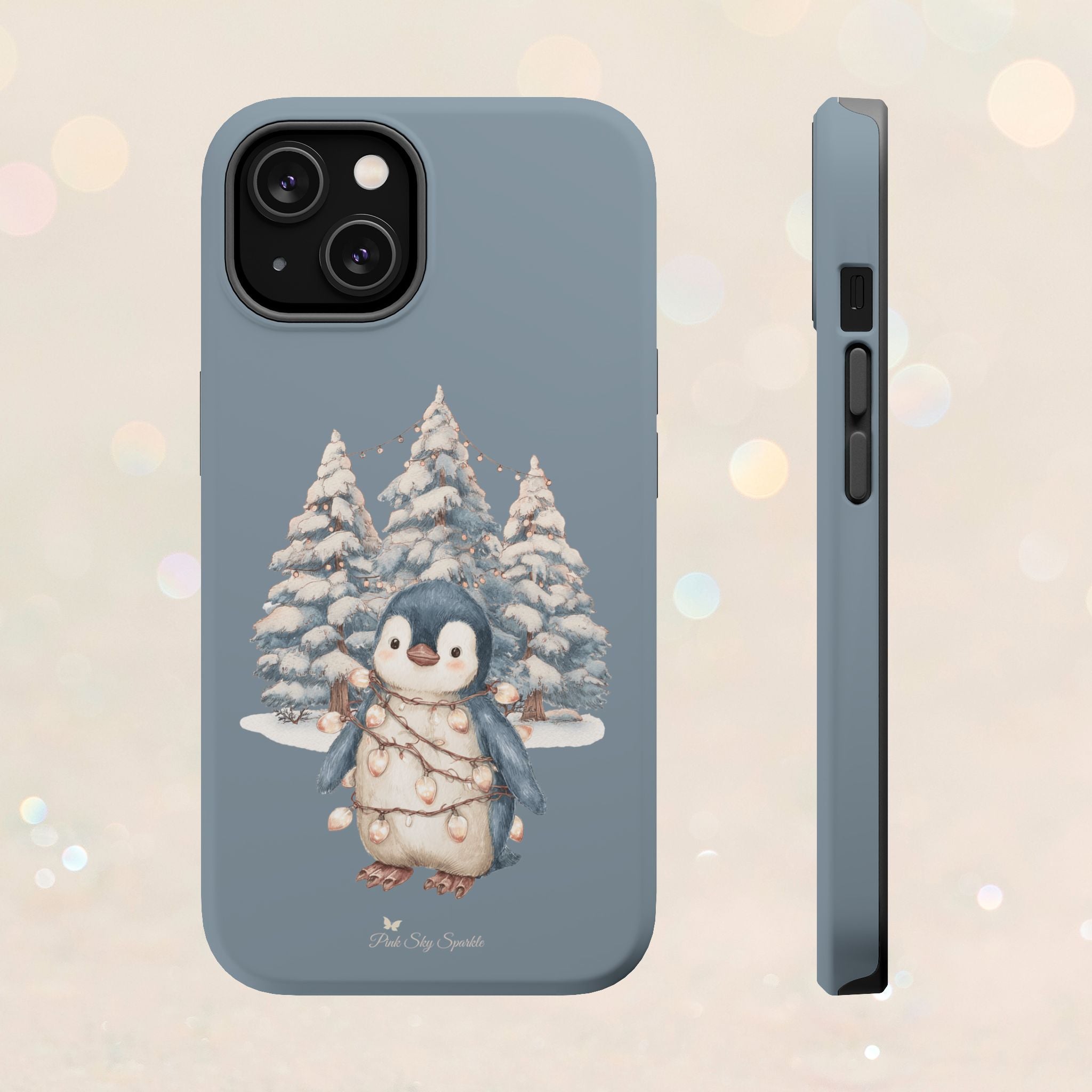 Coque magnétique pour iPhone Pingouin avec guirlande lumineuse de Noël