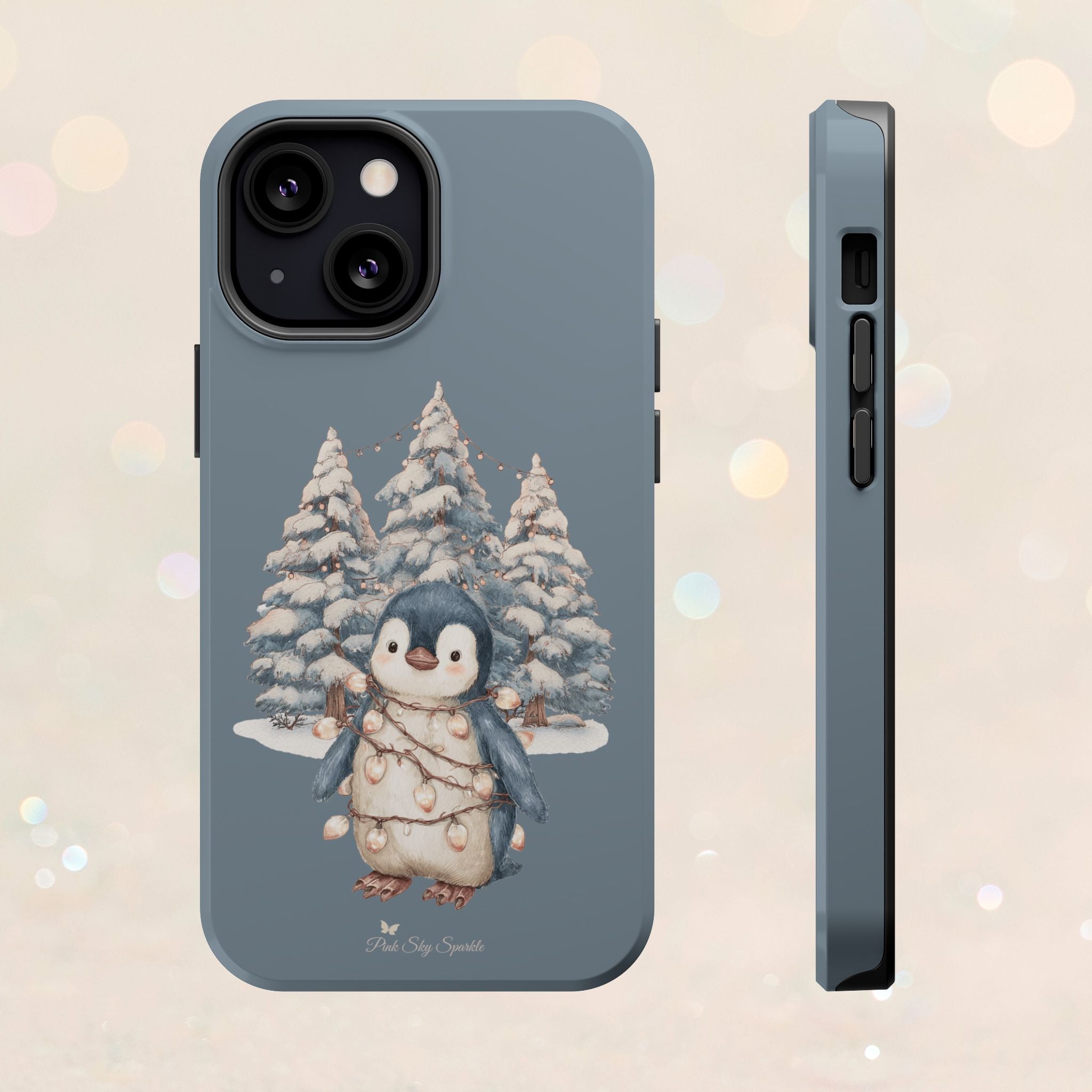 Coque magnétique pour iPhone Pingouin avec guirlande lumineuse de Noël