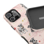 Daisy Dog Magnetic iPhone Case featuring Schnauzer and pink floral pattern.