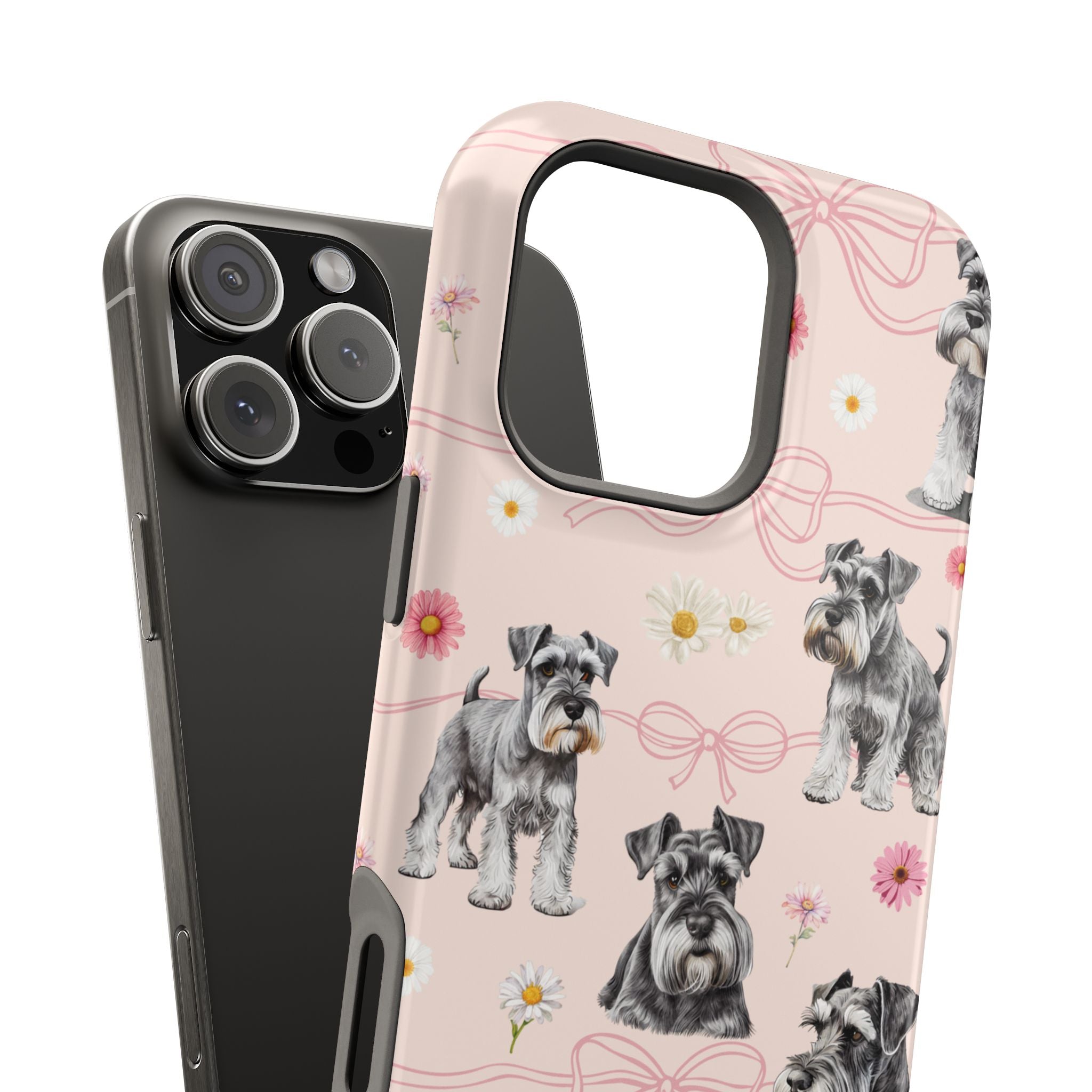 Daisy Dog Magnetic iPhone Case featuring Schnauzer and pink floral pattern.