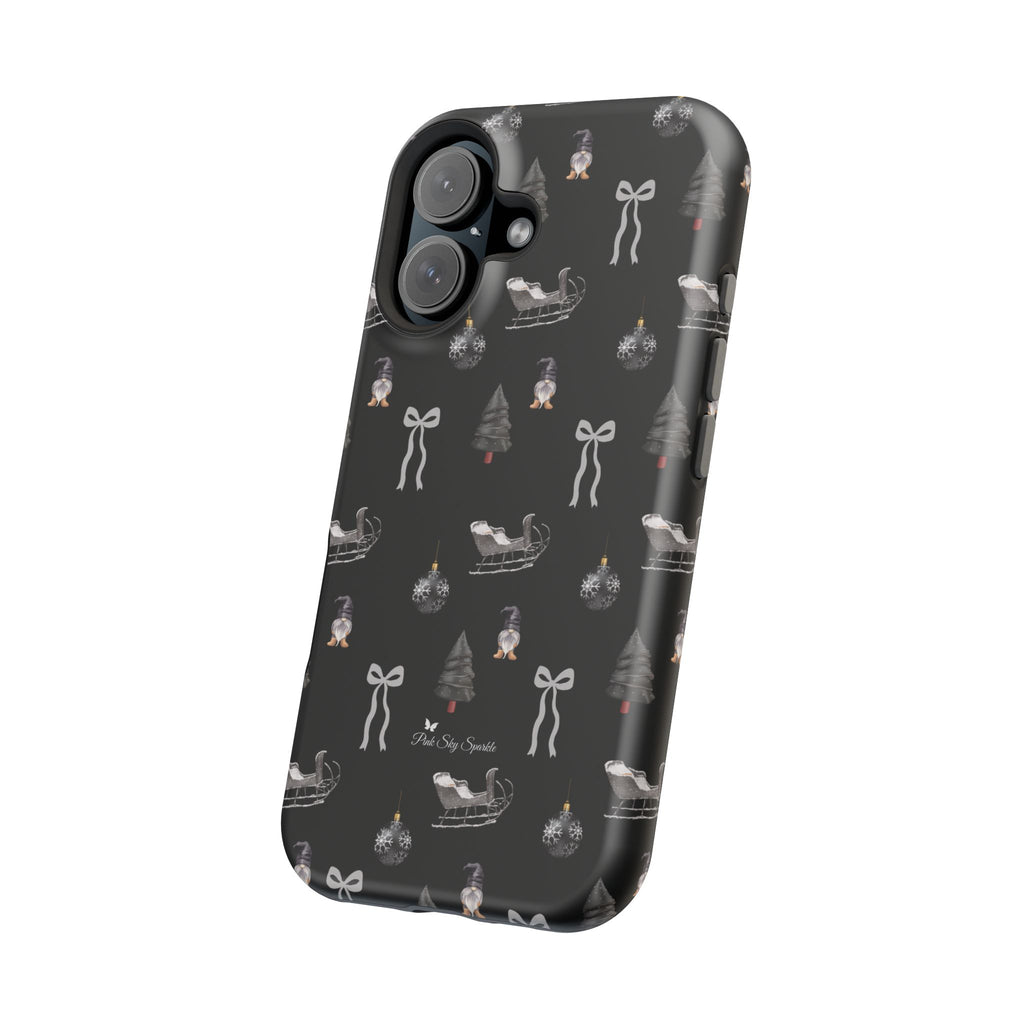 Front and side view of elegant Christmas iPhone cover featuring silver bows, trees, and sleighs