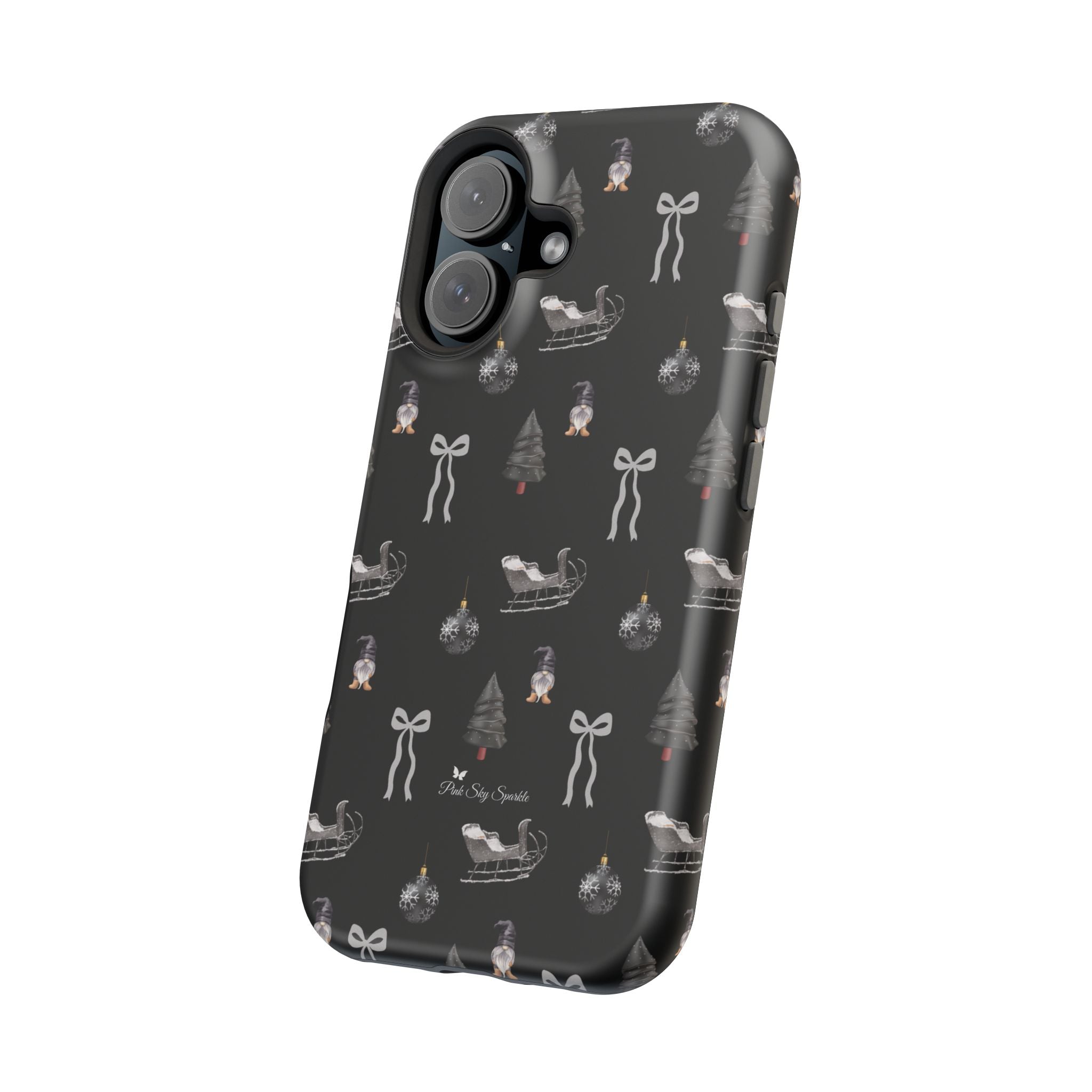 Front and side view of elegant Christmas iPhone cover featuring silver bows, trees, and sleighs