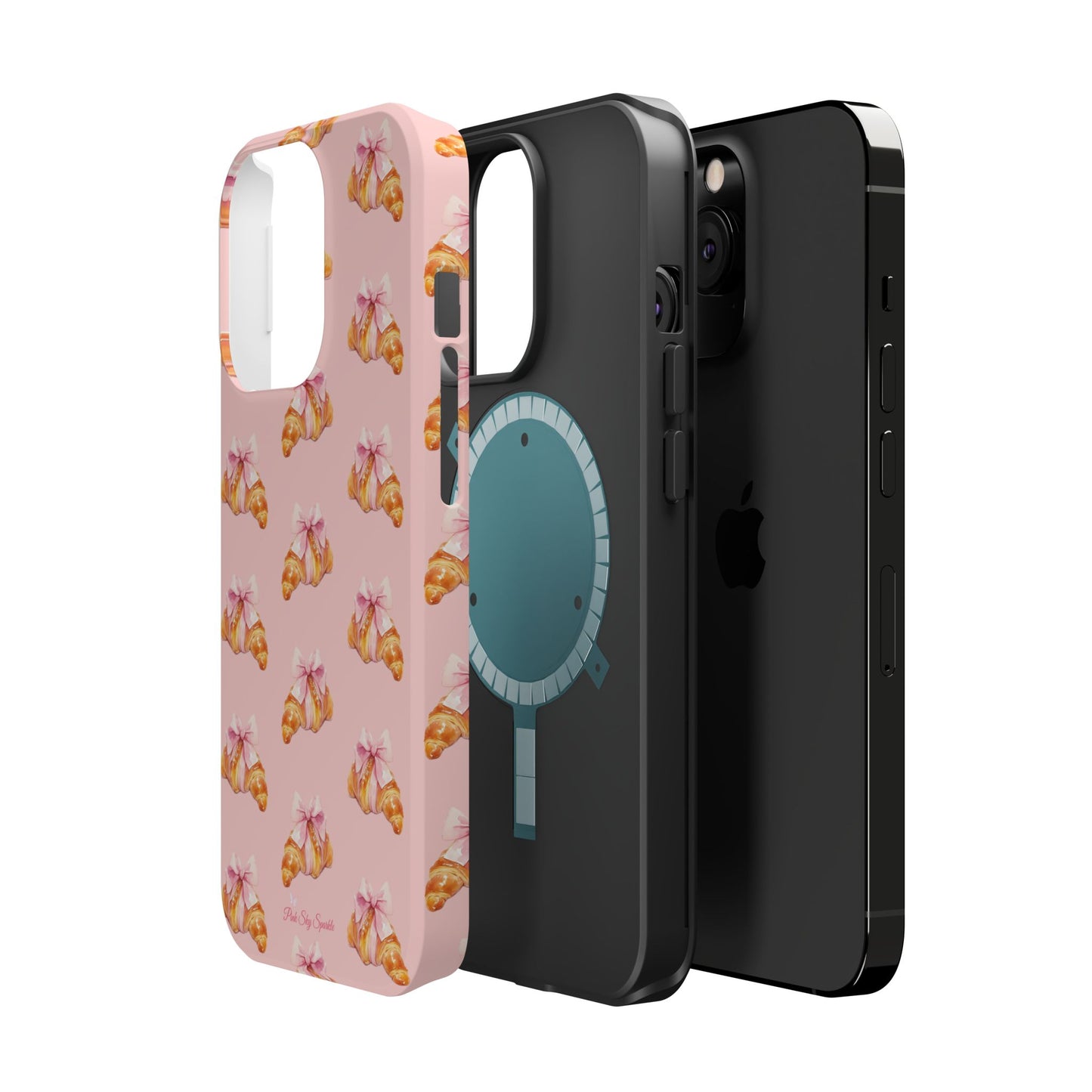 Sweet & Flaky Magnetic iPhone Case – Pink Croissant Pattern with Bows
