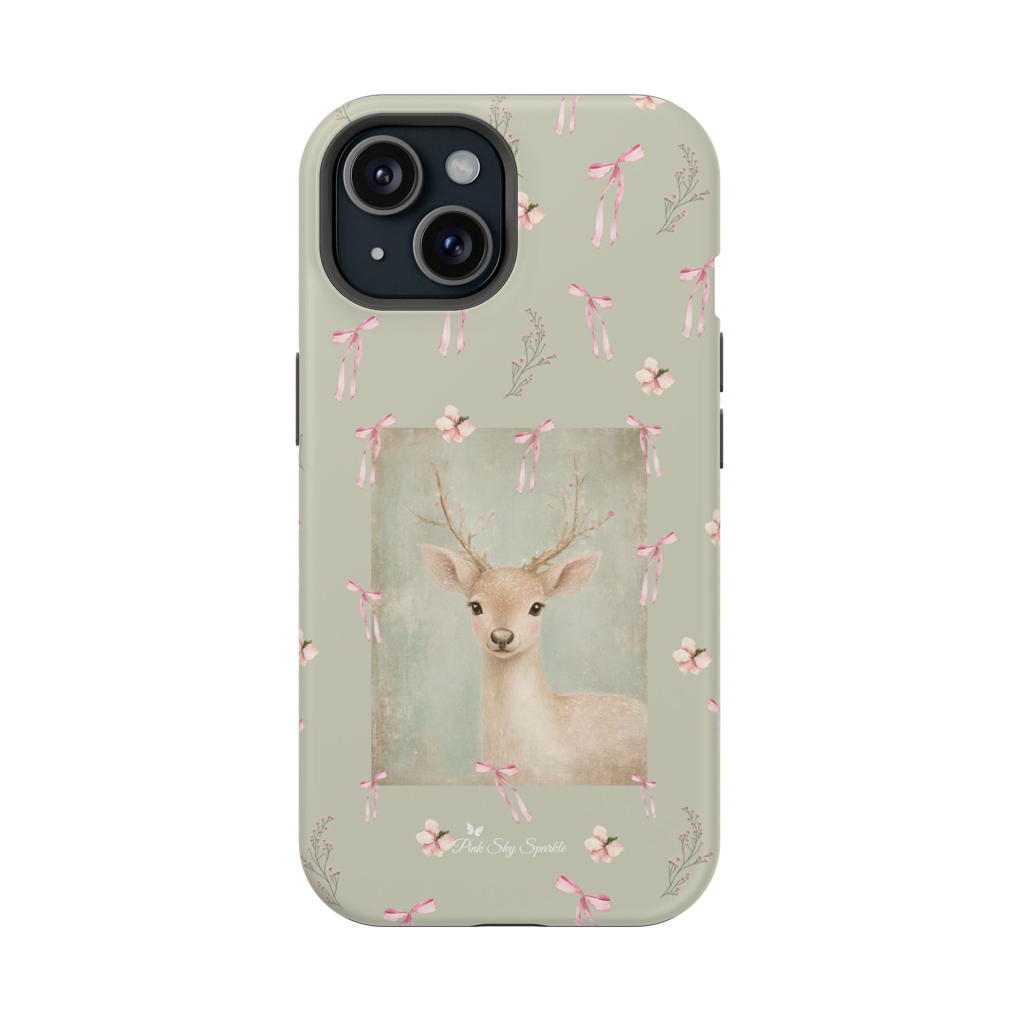 Pastel green magnetic iPhone case with pink bows and a framed woodland fawn painting in the center, cute cottagecore MagSafe-friendly phone case design by Pink Sky Sparkle.
