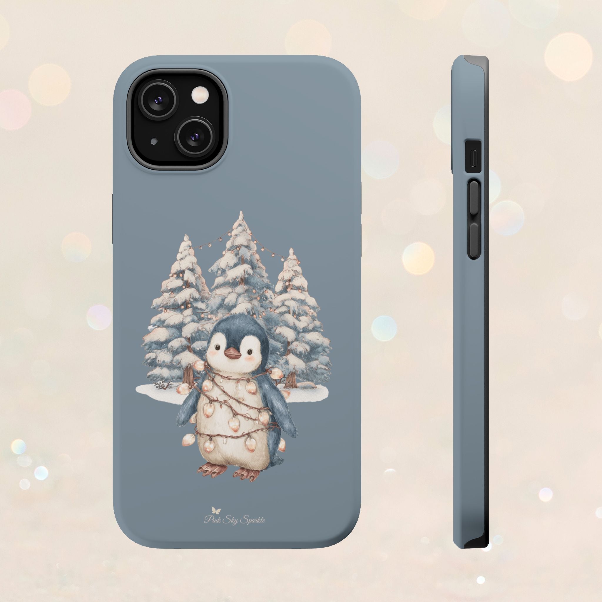Coque magnétique pour iPhone Pingouin avec guirlande lumineuse de Noël