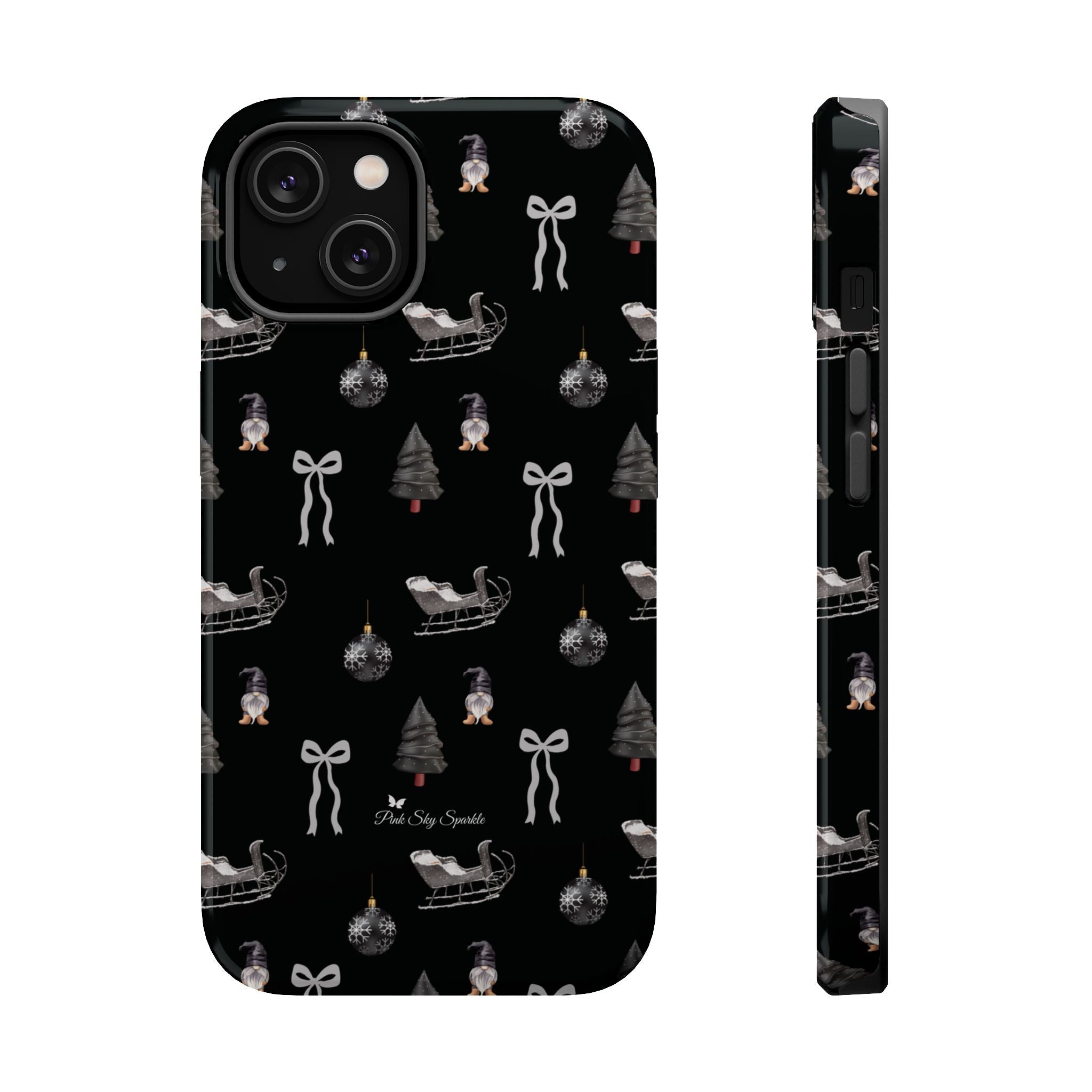 Phone case with Christmas-themed design on a black background