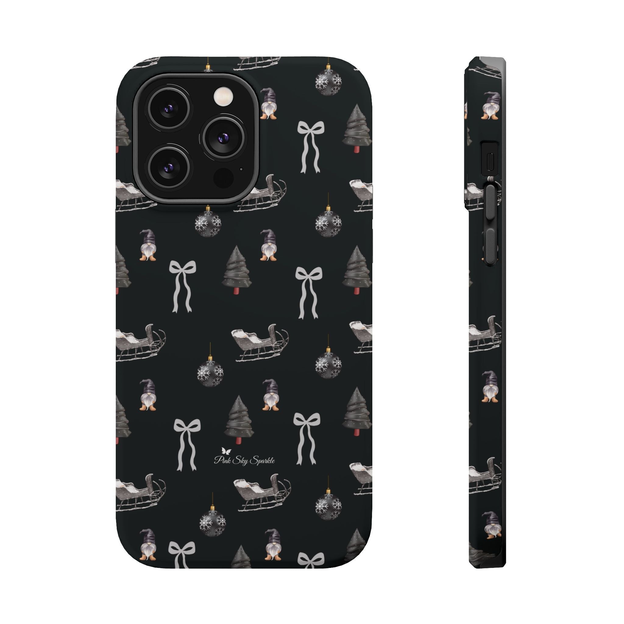 Phone case with Christmas-themed design on a black background