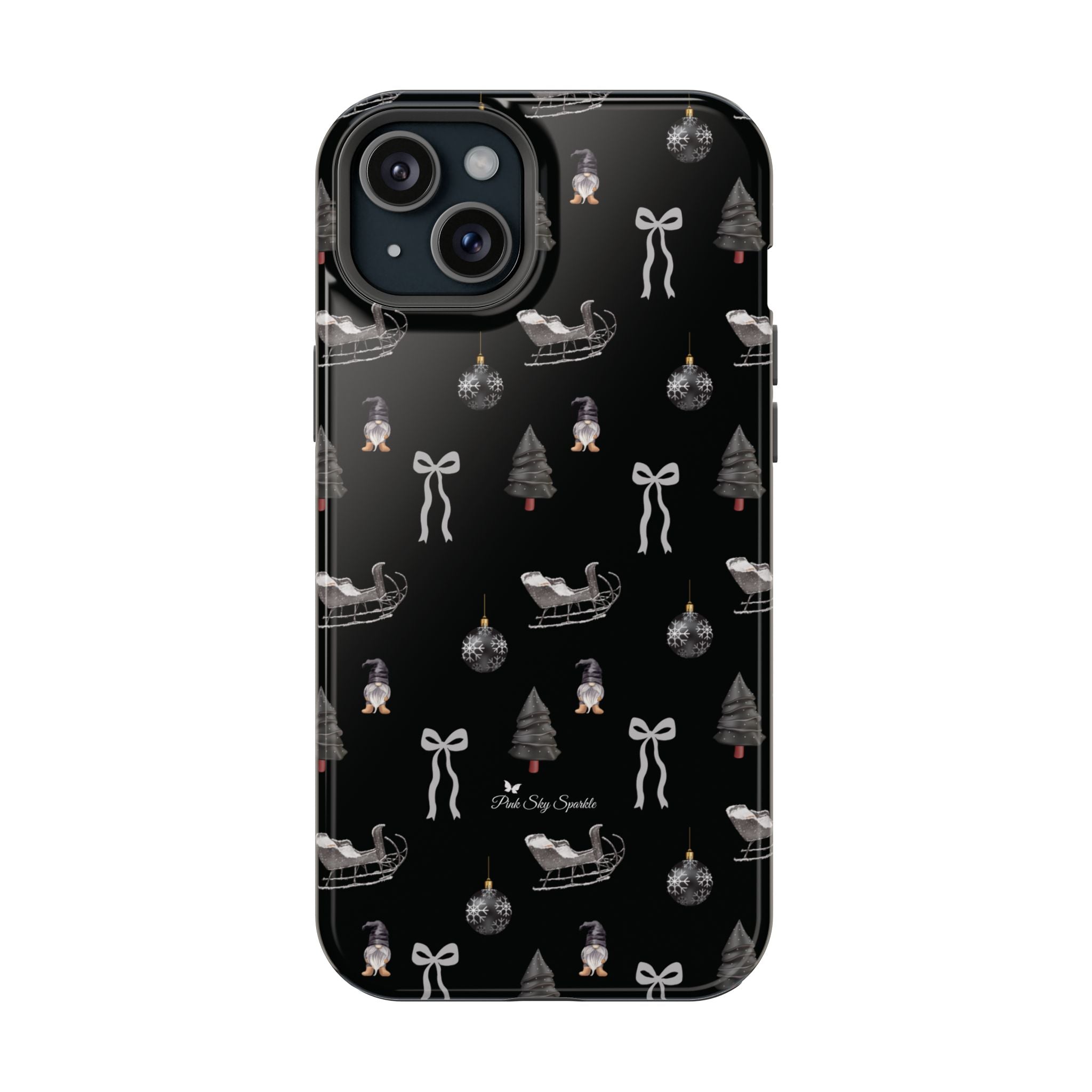Holiday phone case in grey and black with festive sleigh and tree design
