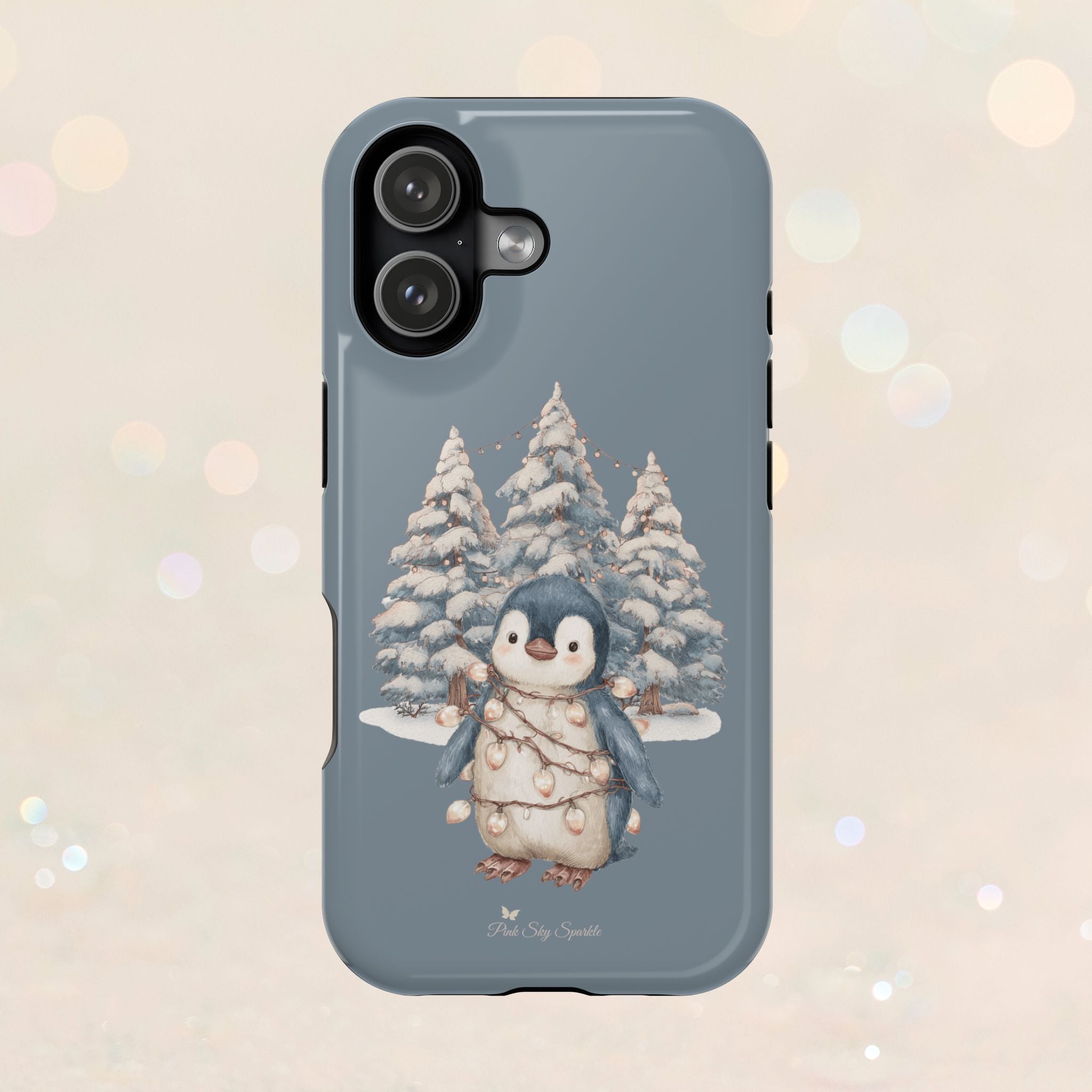 Coque magnétique pour iPhone Pingouin avec guirlande lumineuse de Noël