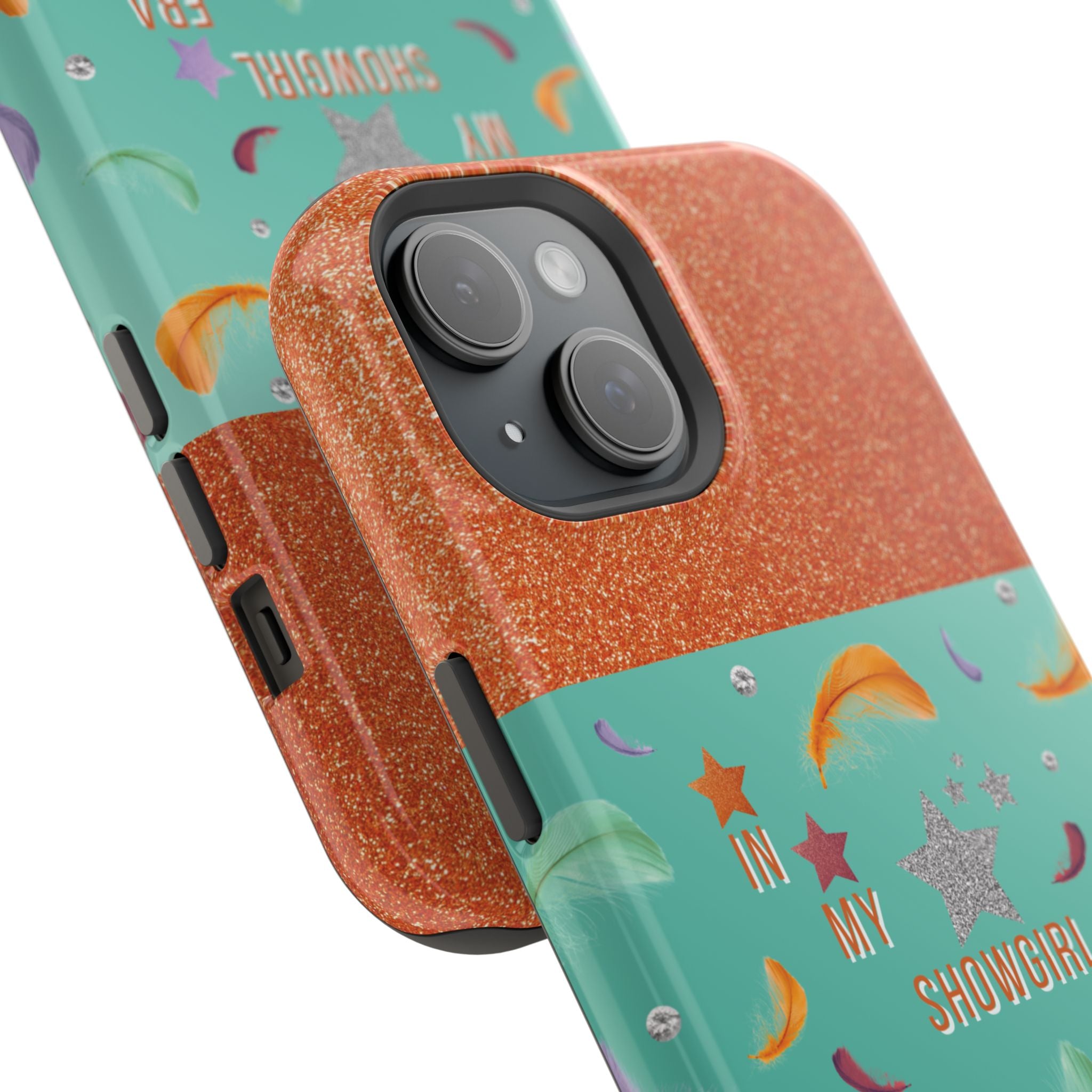 Taylor Swift Themed Phone Case with faux orange glitter and teal/mint green section the middle with feathers and diamonds and the word In my Showgirl Era.