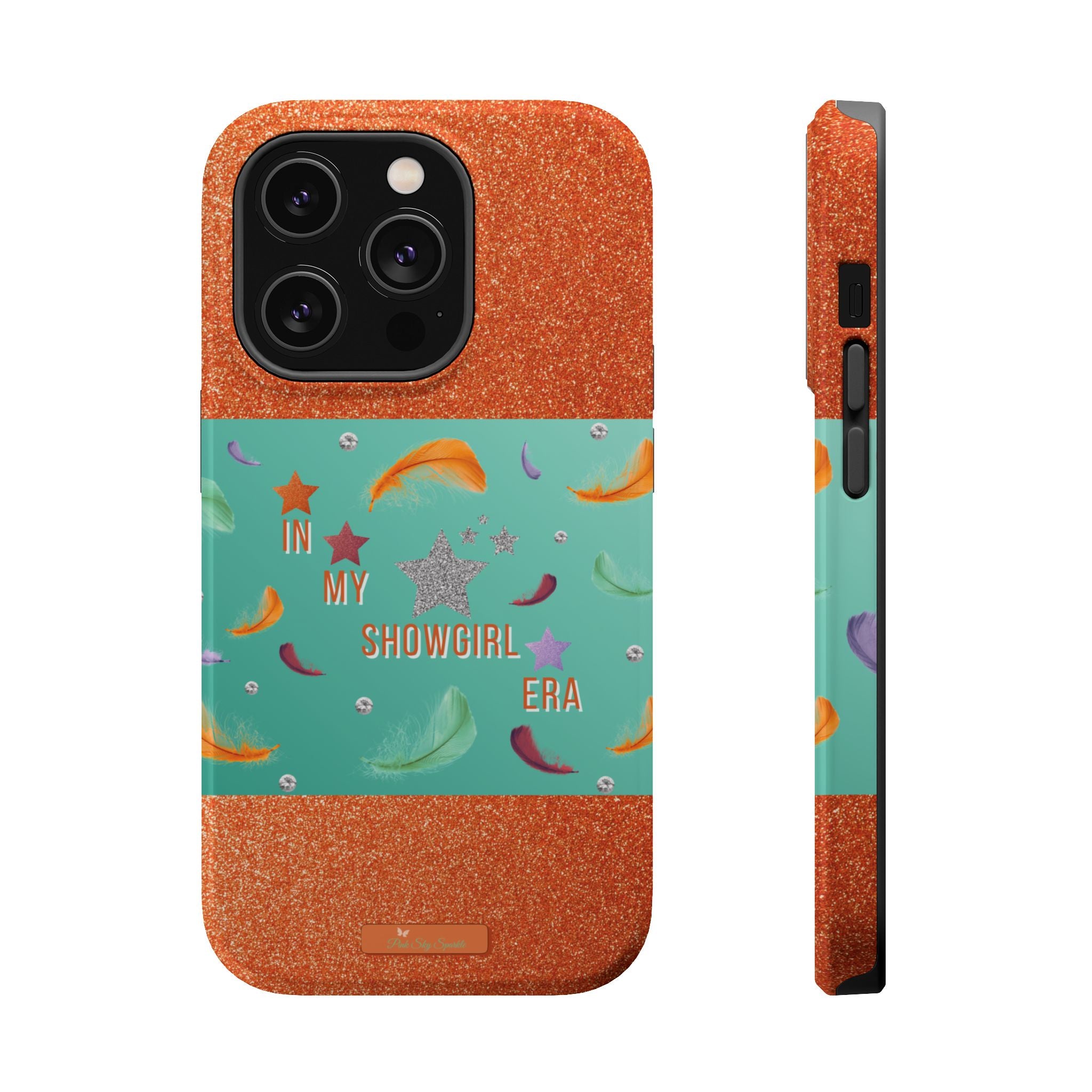 Taylor Swift Themed Phone Case with faux orange glitter and teal/mint green section the middle with feathers and diamonds and the word In my Showgirl Era.