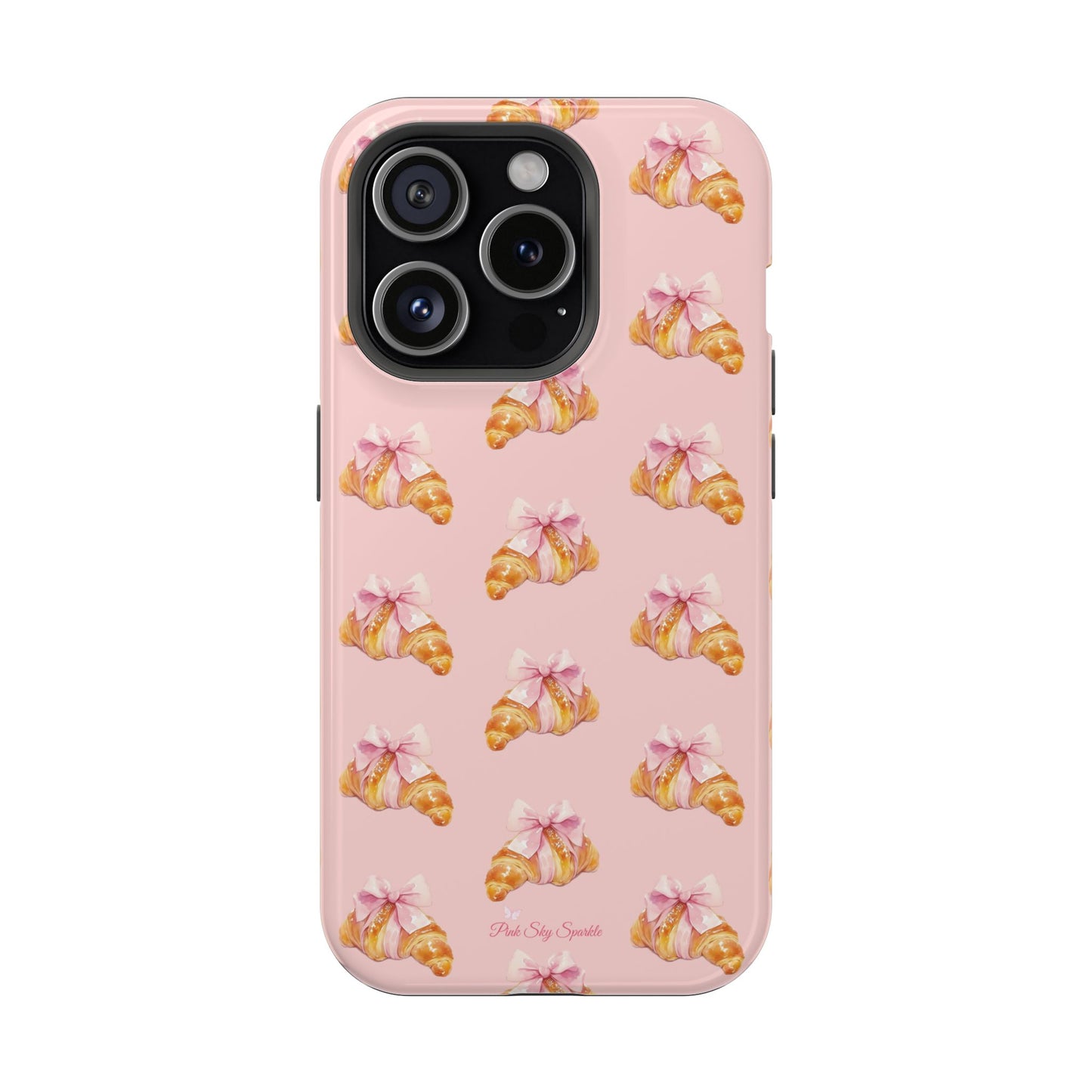 Sweet & Flaky Magnetic iPhone Case – Pink Croissant Pattern with Bows